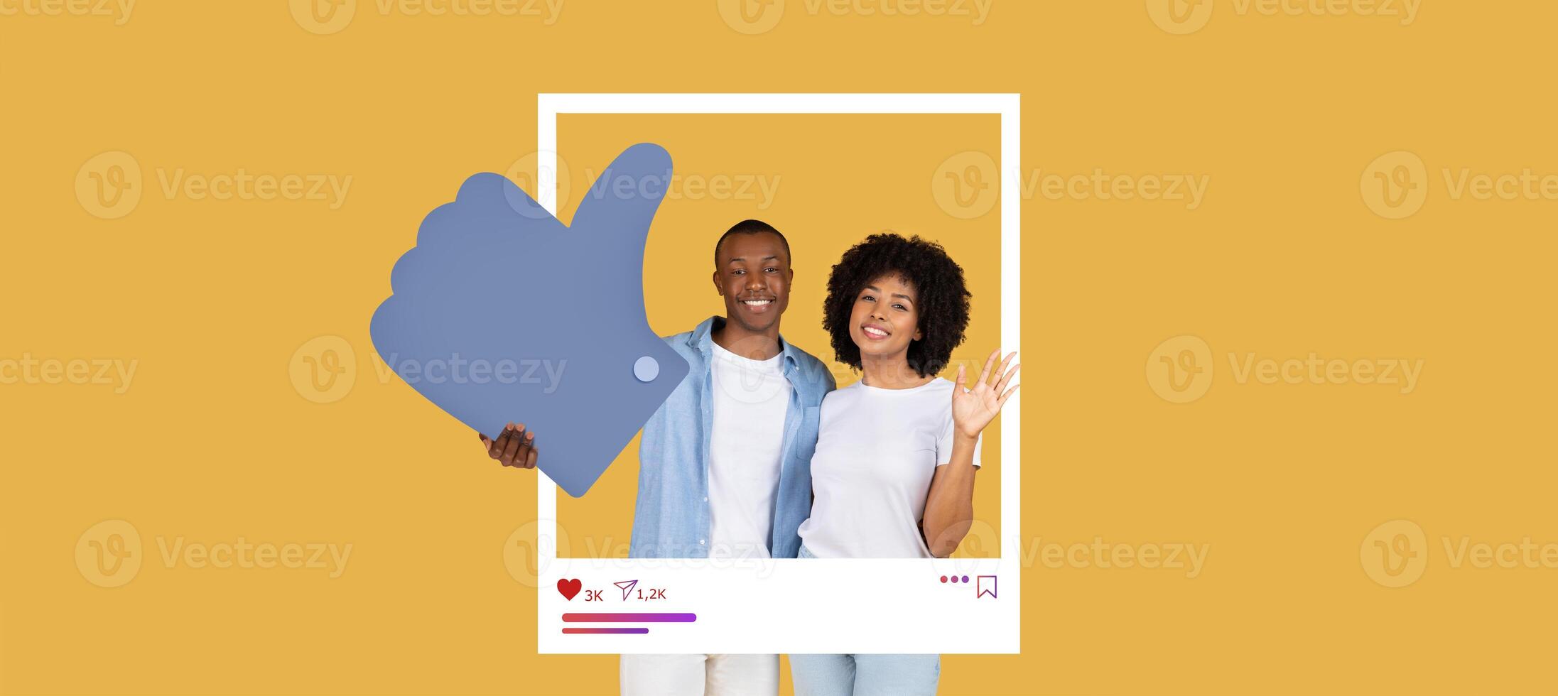 Two influencers are smiling and posing with a large thumbs up symbol. The background is bright yellow, showcasing their lively personalities while promoting online content creation. photo