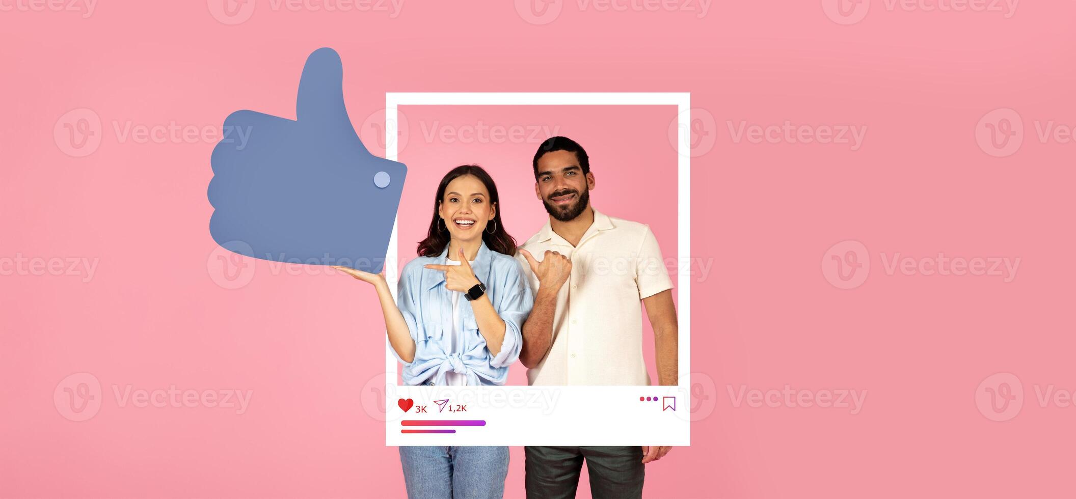 Two influencers smile while showcasing their thumbs up, celebrating their online presence with a playful backdrop. This lively composition captures the essence of digital interaction. photo