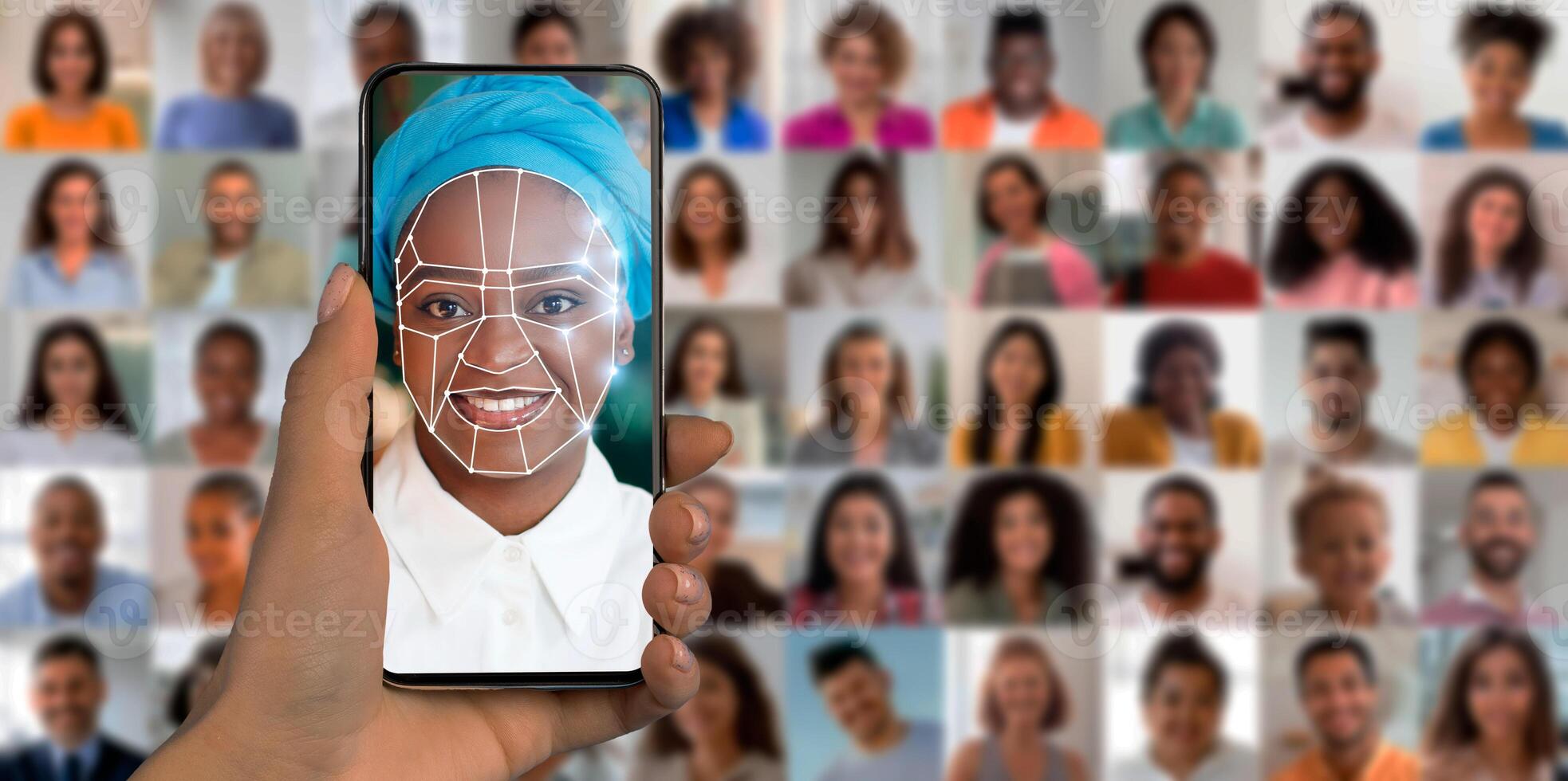 A hand holds a smartphone displaying a face scanning interface, illustrating the advanced technology of identification. In the background, a diverse collage of faces highlights various individuals. photo