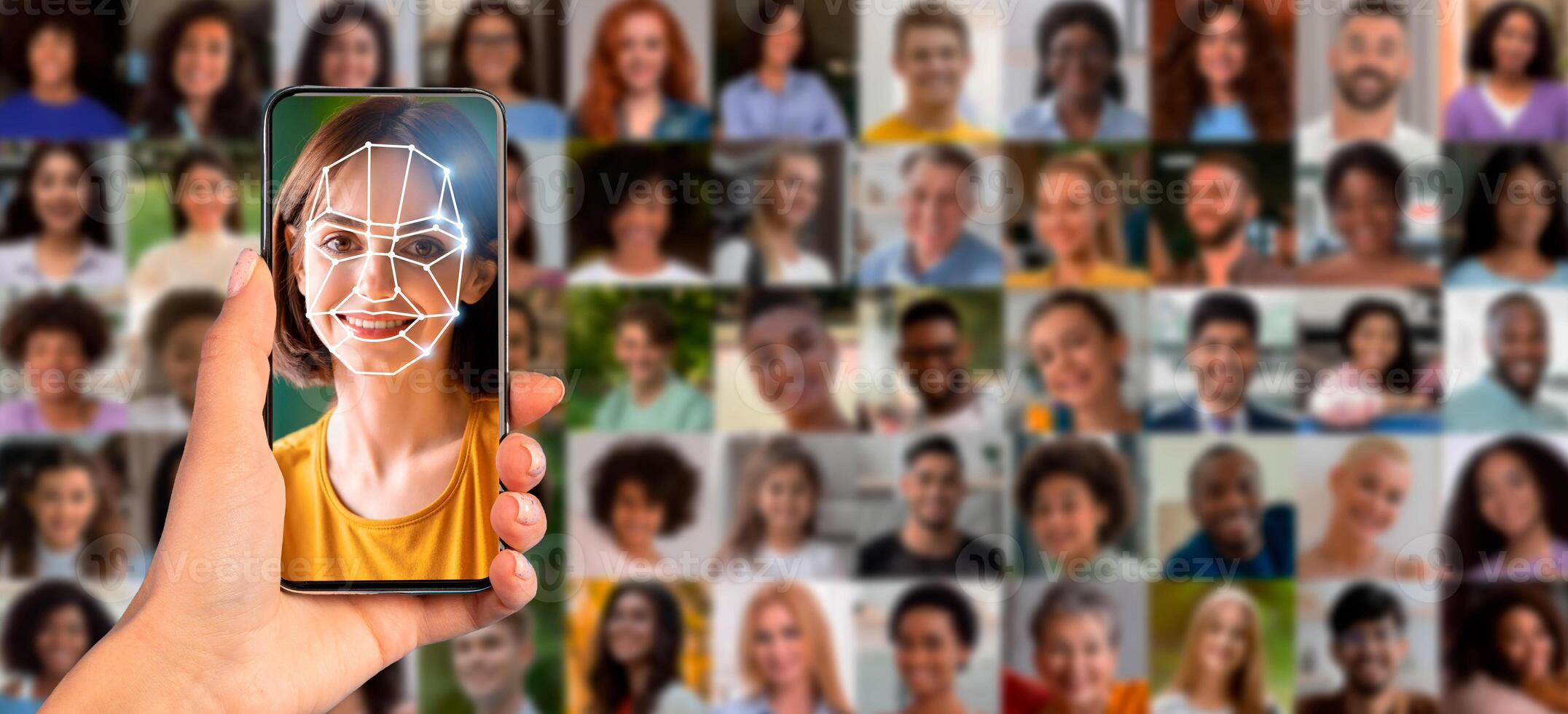 A hand holds a smartphone displaying a face recognition scan. Behind are a collage of diverse portraits. This modern technology illustrates advancements in identification methods and user convenience. photo