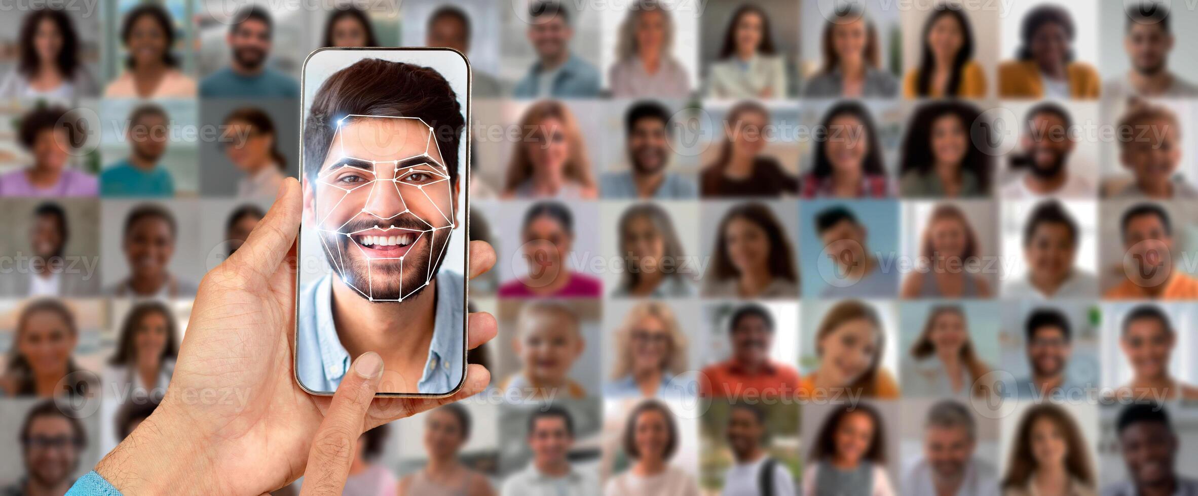 A person holds a smartphone displaying face recognition technology while scanning their own image. The background features a collage of diverse faces, representing modern identification methods. photo