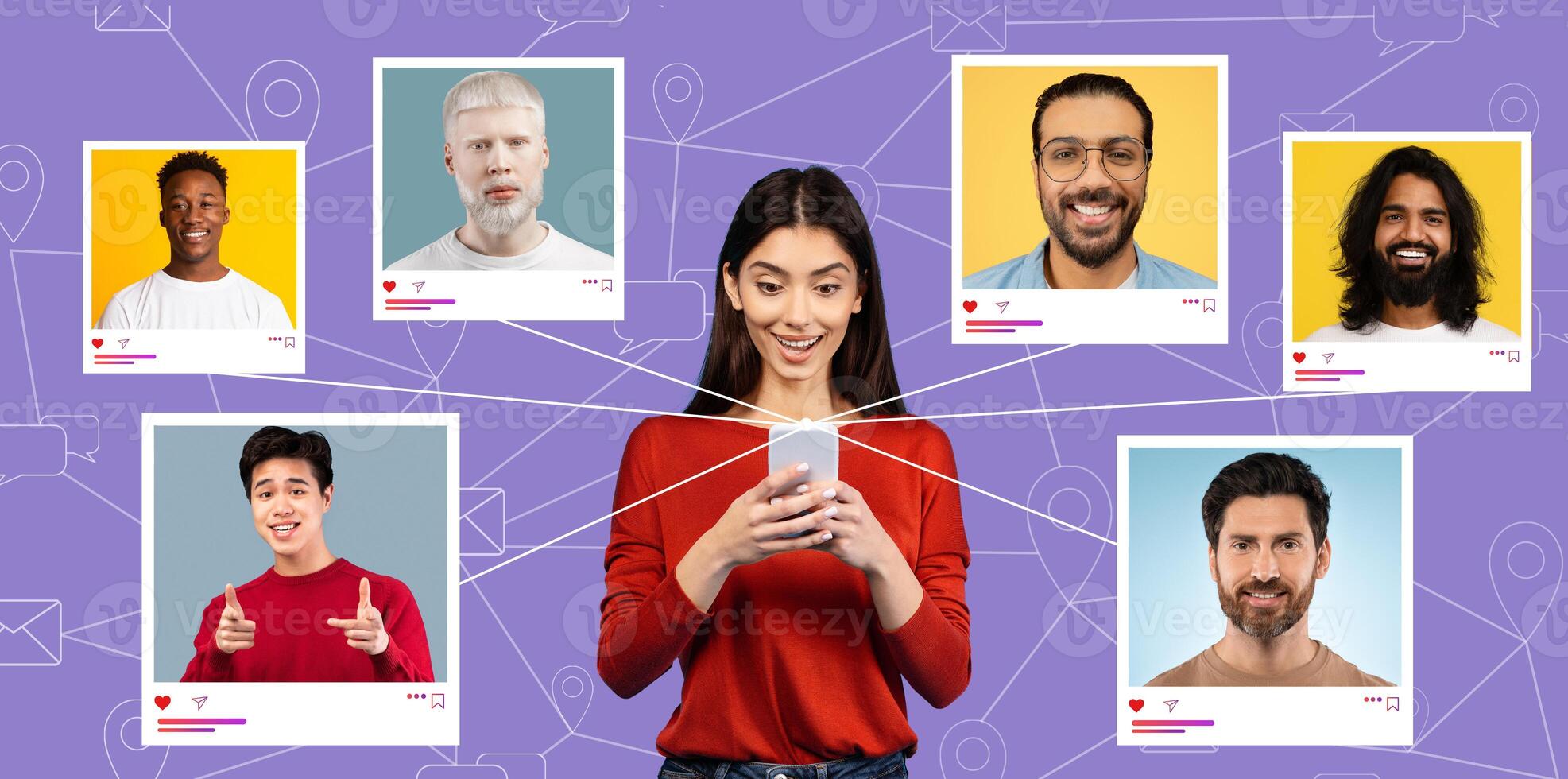 A group of diverse individuals appears on colorful backgrounds, while a young woman engages with her smartphone. She seems excited to connect with them online, celebrating social interaction. photo