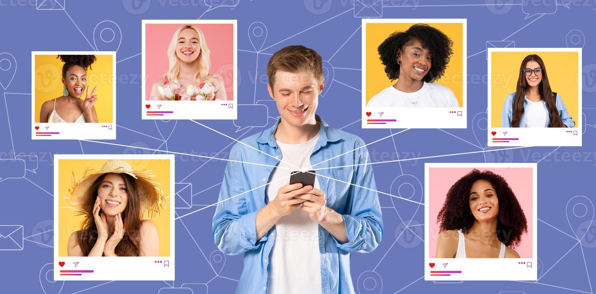 A young man interacts with his smartphone, smiling at various images of friends displayed on the screen. Each photo features his friends in cheerful moods.