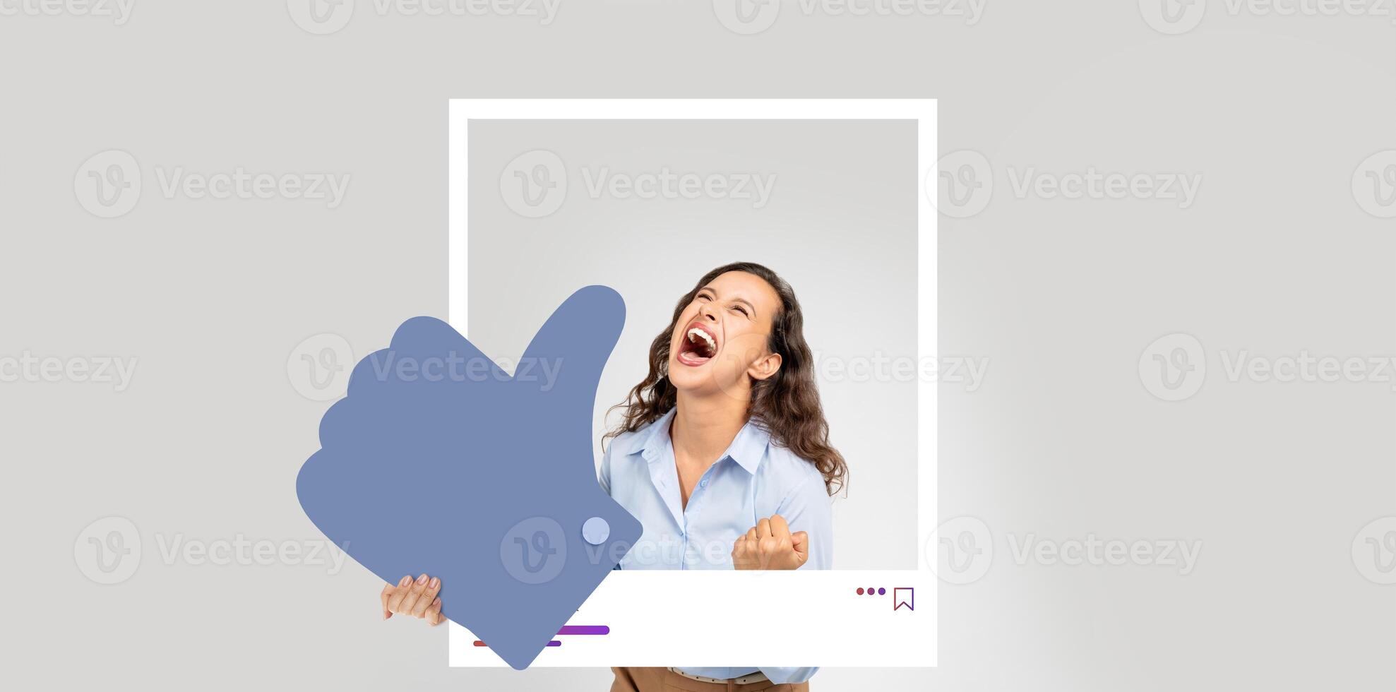 An influencer expresses joy with a thumbs-up gesture in front of a digital collage background. This moment highlights the excitement of online interaction and content creation. photo