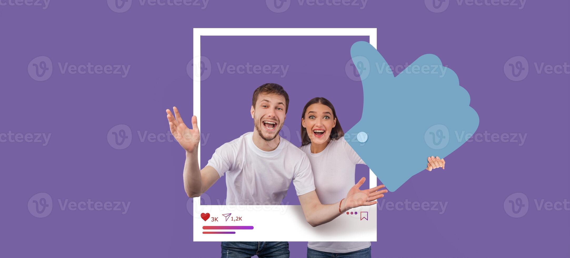 A young man and woman express excitement while posing within a frame that highlights their vibrant social media interaction. Their enthusiasm showcases the joy of content creation. photo