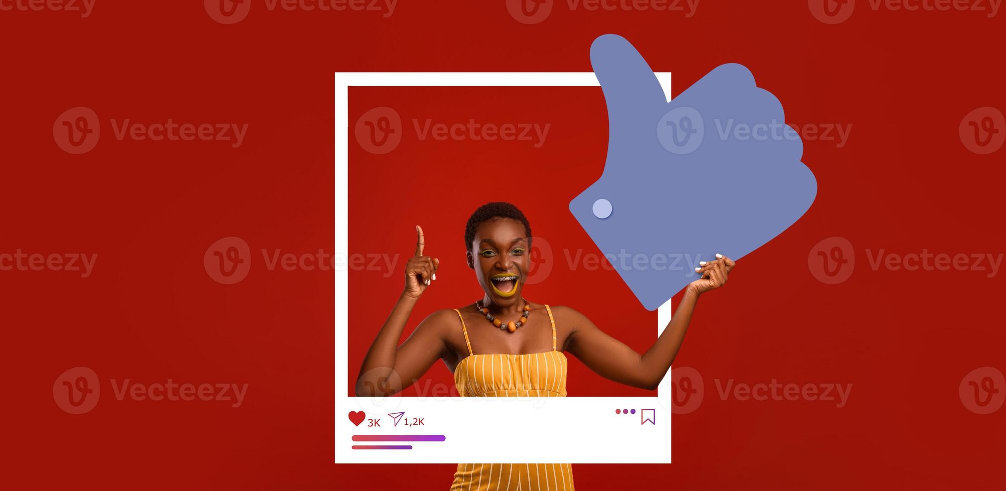 An influencer joyfully gives a thumbs up while promoting positive vibes in a striking collage background. This creative setup captures the energy of online engagement and social connection. photo