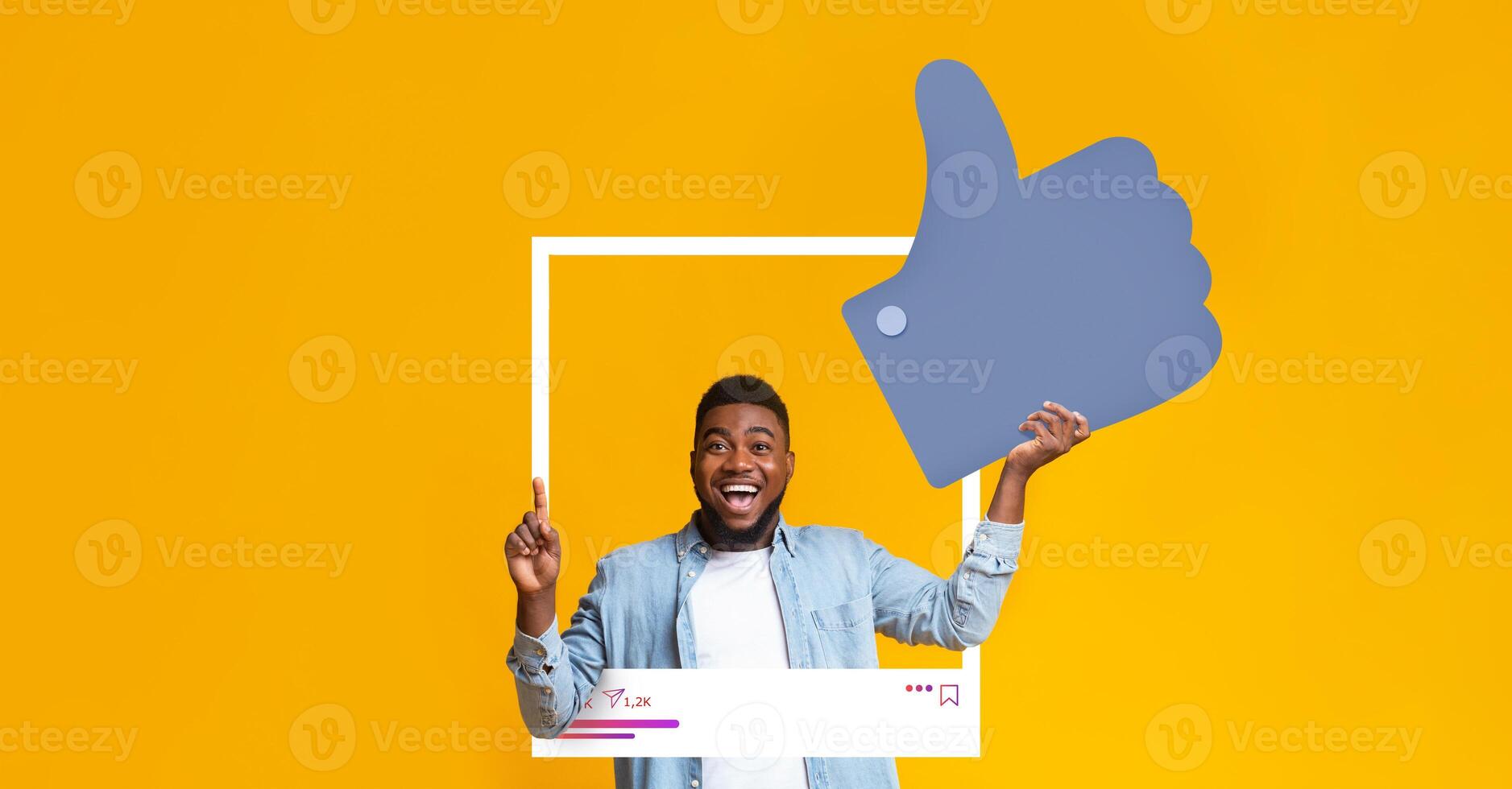 A joyful individual expresses excitement by giving a thumbs up. They are positioned inside a social media-style frame against a vibrant yellow background, embodying positivity and engagement. photo
