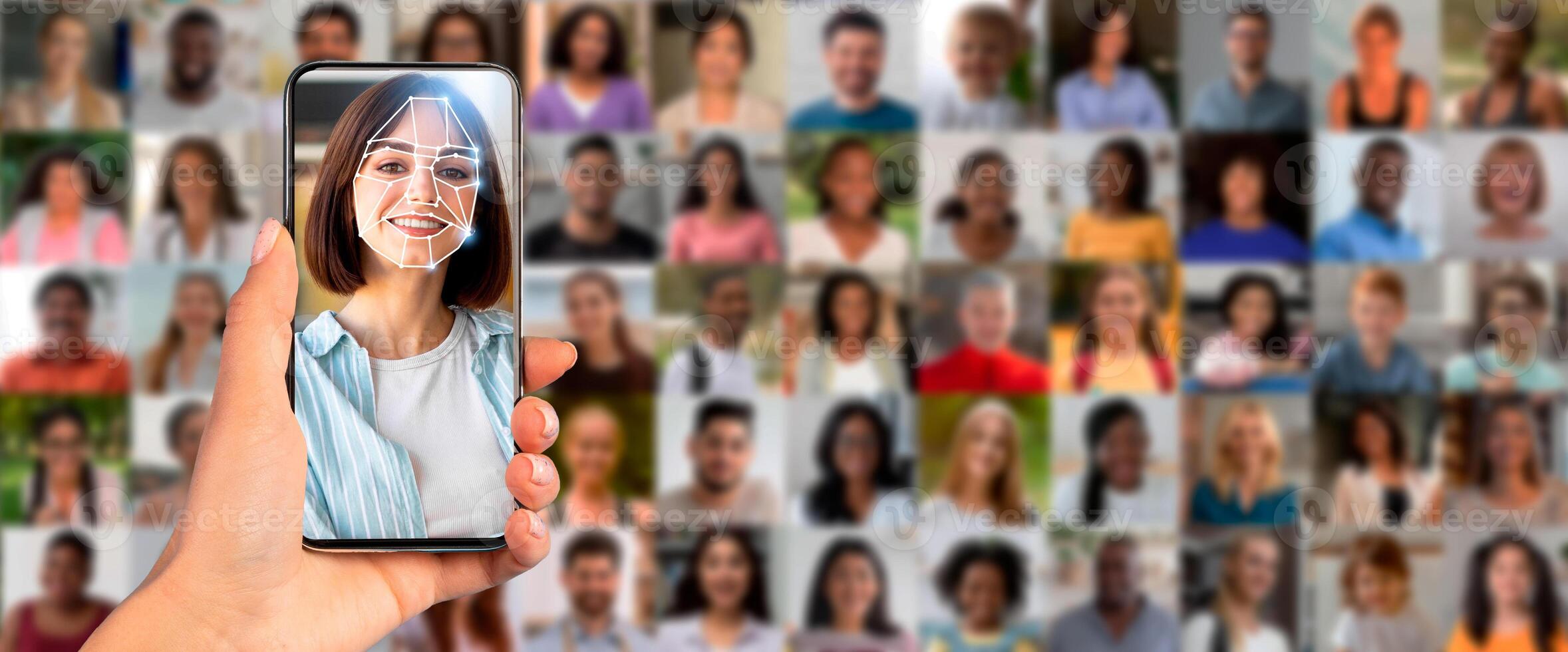 A smartphone displays a woman's face as facial recognition software scans her features. photo