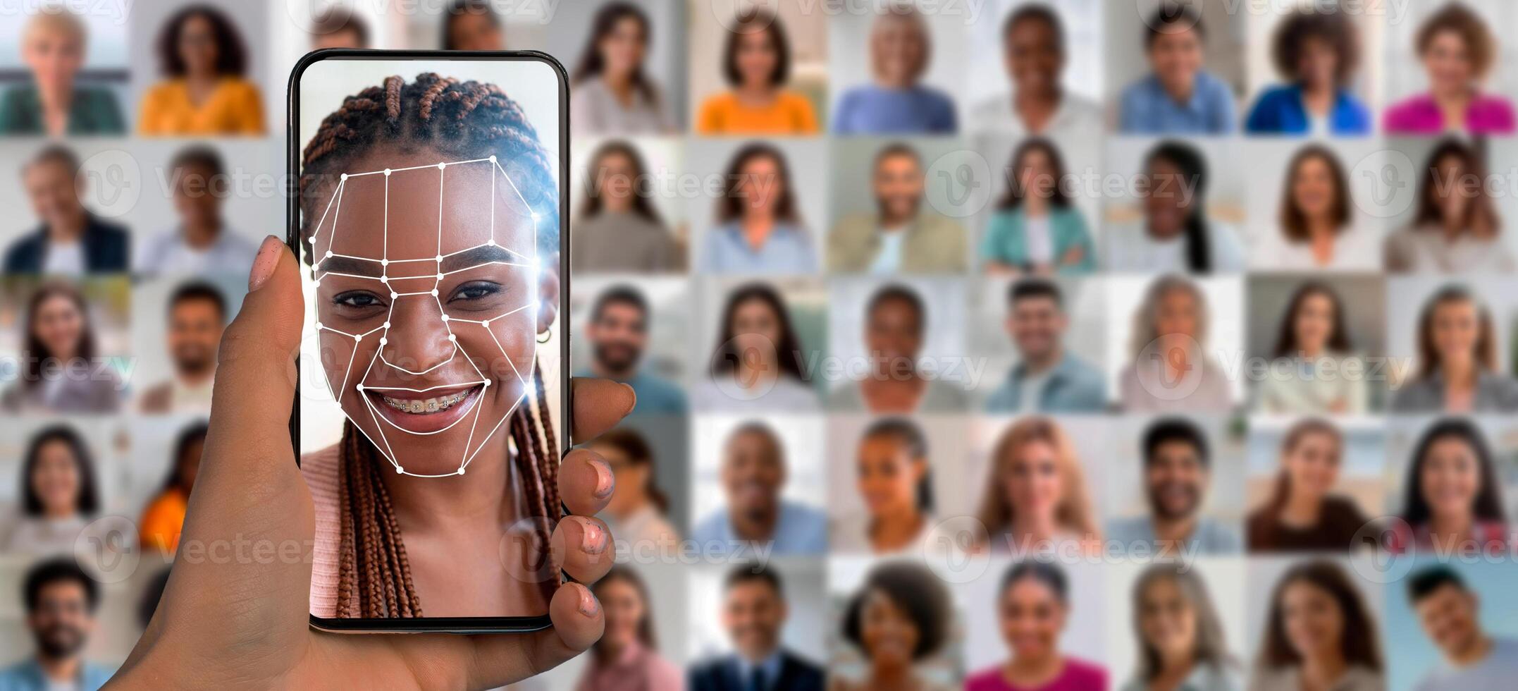 In a modern setting, a hand holds a smartphone displaying a digital face scan with lines and patterns. photo