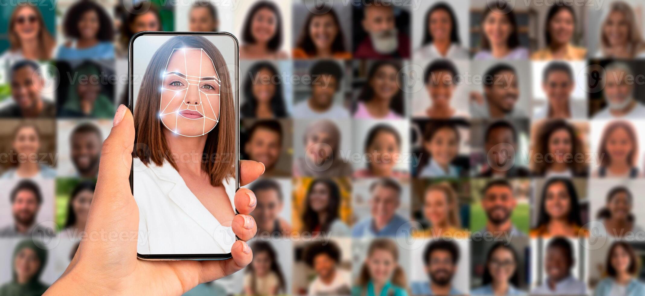 A hand holds a smartphone showing a facial scan. In the background, a collage of diverse faces highlights the use of modern technology for identification and recognition in everyday life. photo