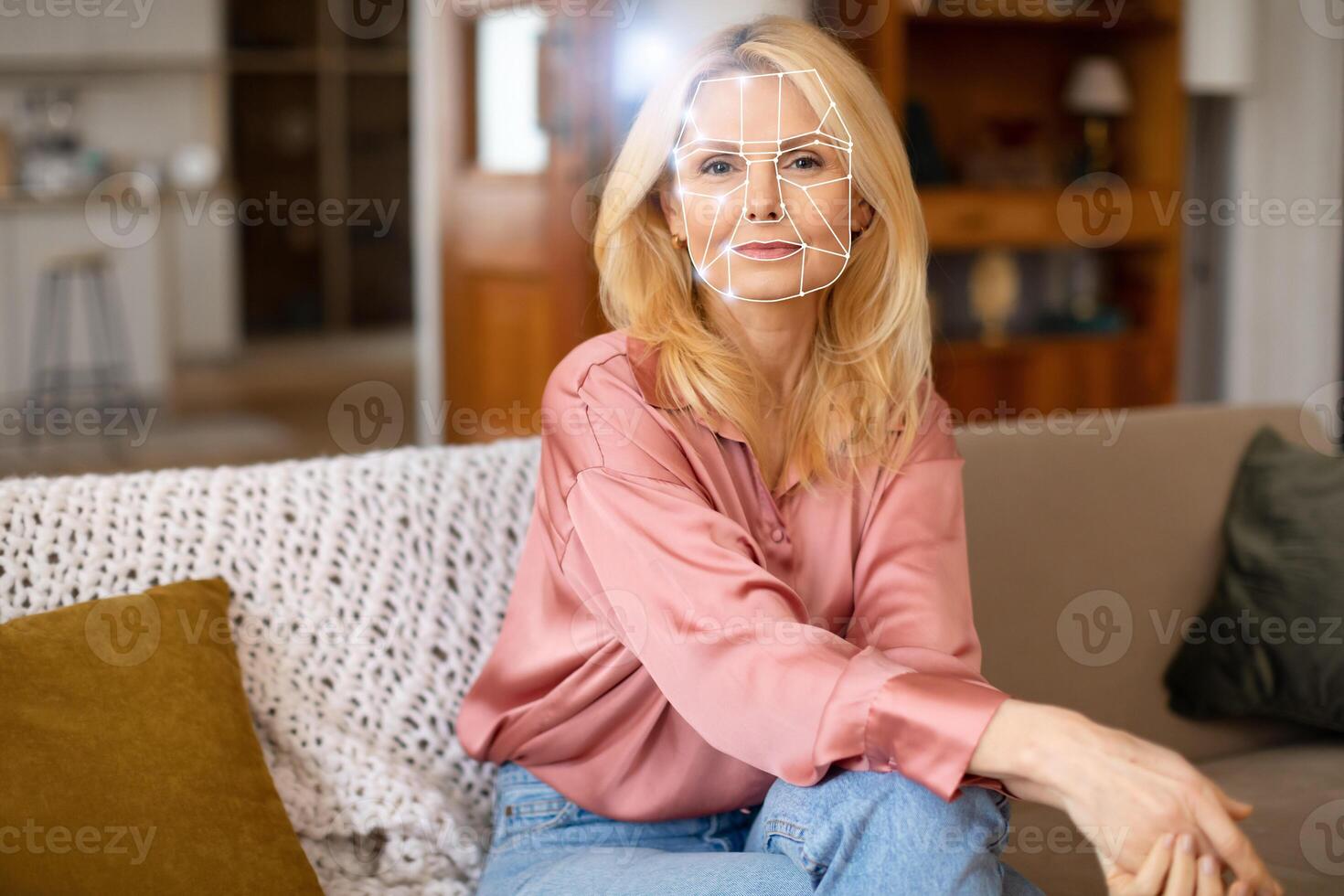 A woman sits comfortably on a couch in a living room while facial recognition technology scans her face for identification. This demonstration highlights modern tech in daily life. photo