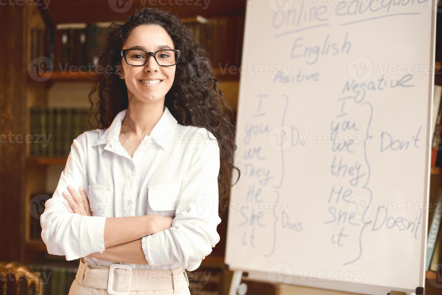 Learning And Knowledge Concept. Portrait of proud smiling woman in eyeglasses posing near whiteboard with English language grammar rules, confident positive teacher lady standing with folded arms photo