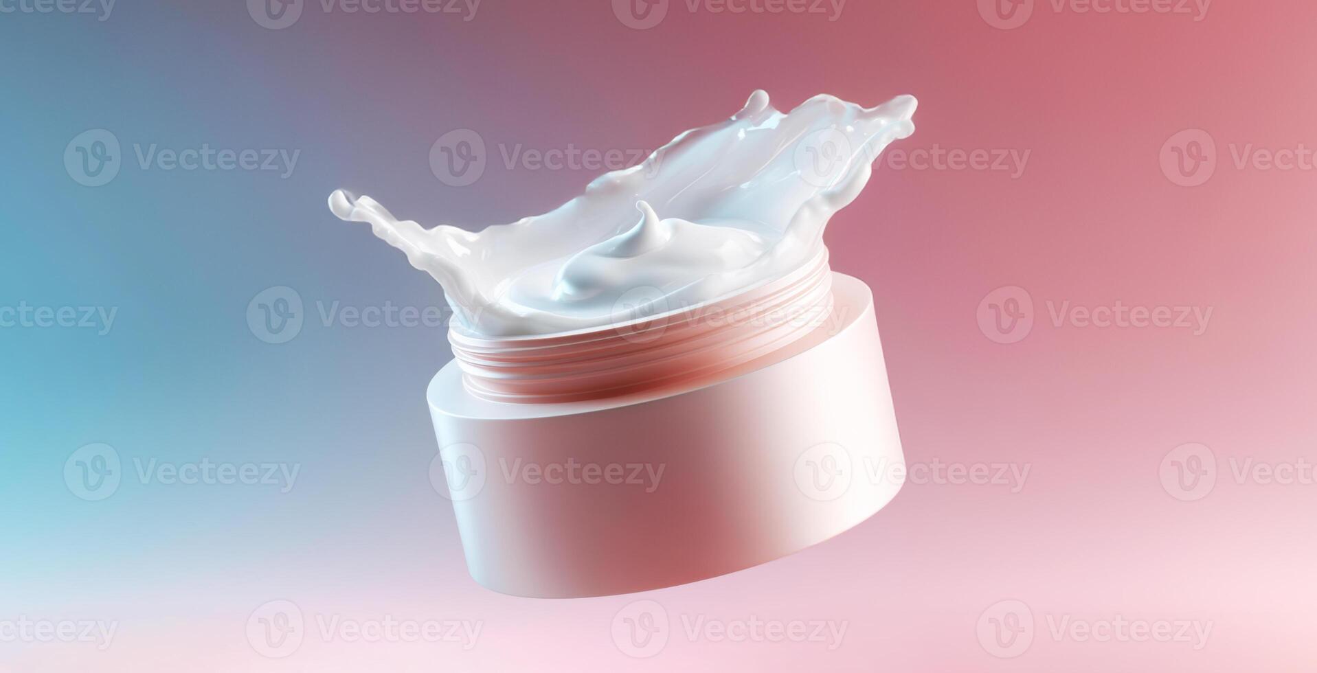 A floating jar of cream reveals a splash of product, set against a gradient background of soft pink and blue hues. photo