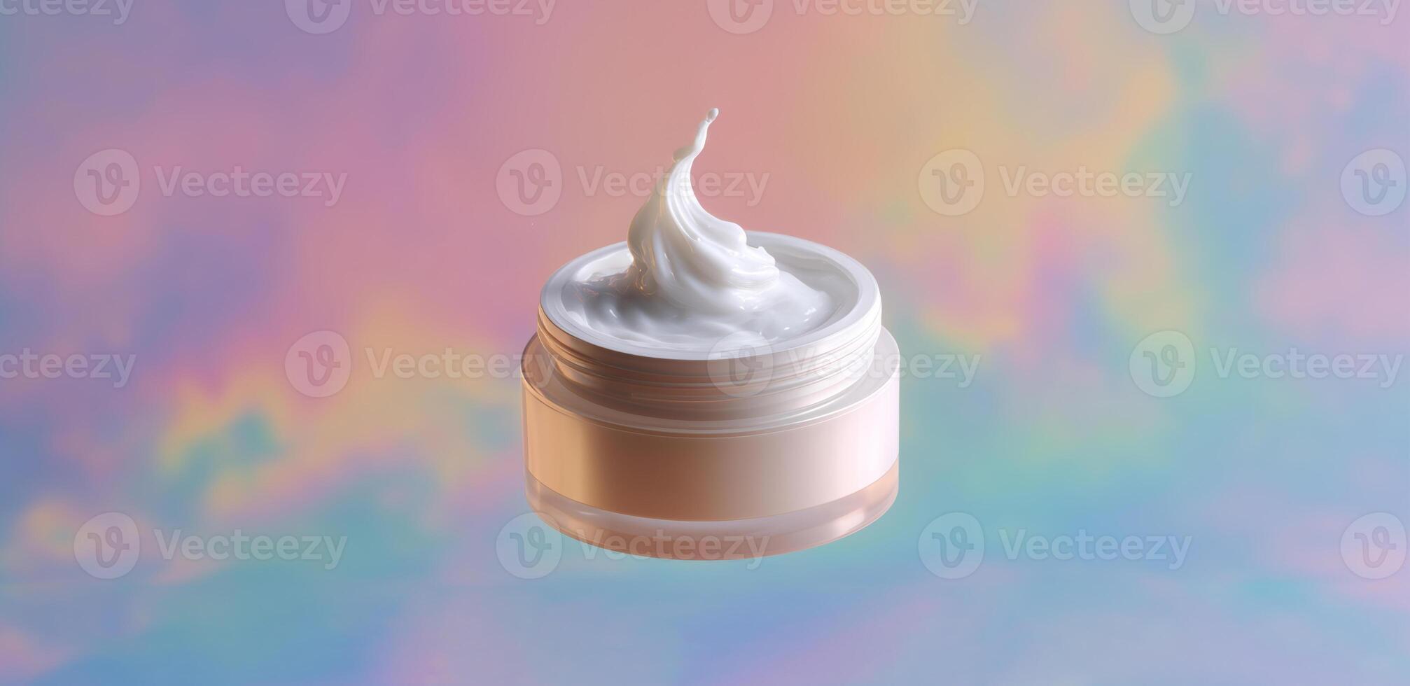 A jar containing a fluffy cream sits against a soft pastel backdrop. The product appears ready for application, showcasing an appealing texture, ideal for skin care enthusiasts seeking new cosmetics. photo