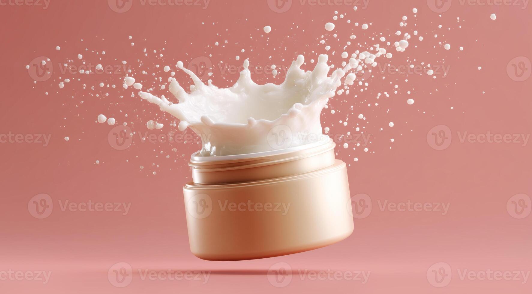 A jar in a soft beige color is seen as drops splash around it, creating a visually appealing effect. The backdrop is a light pink, enhancing the aesthetic of the beauty product moment. photo