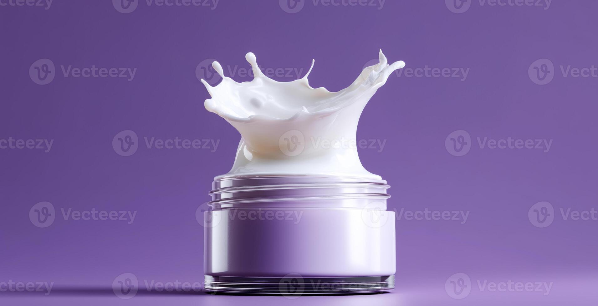 A jar filled with creamy cosmetic product sits on a smooth surface, with drops splashing above it. The background is a vibrant purple, enhancing the aesthetic appeal of the composition. photo