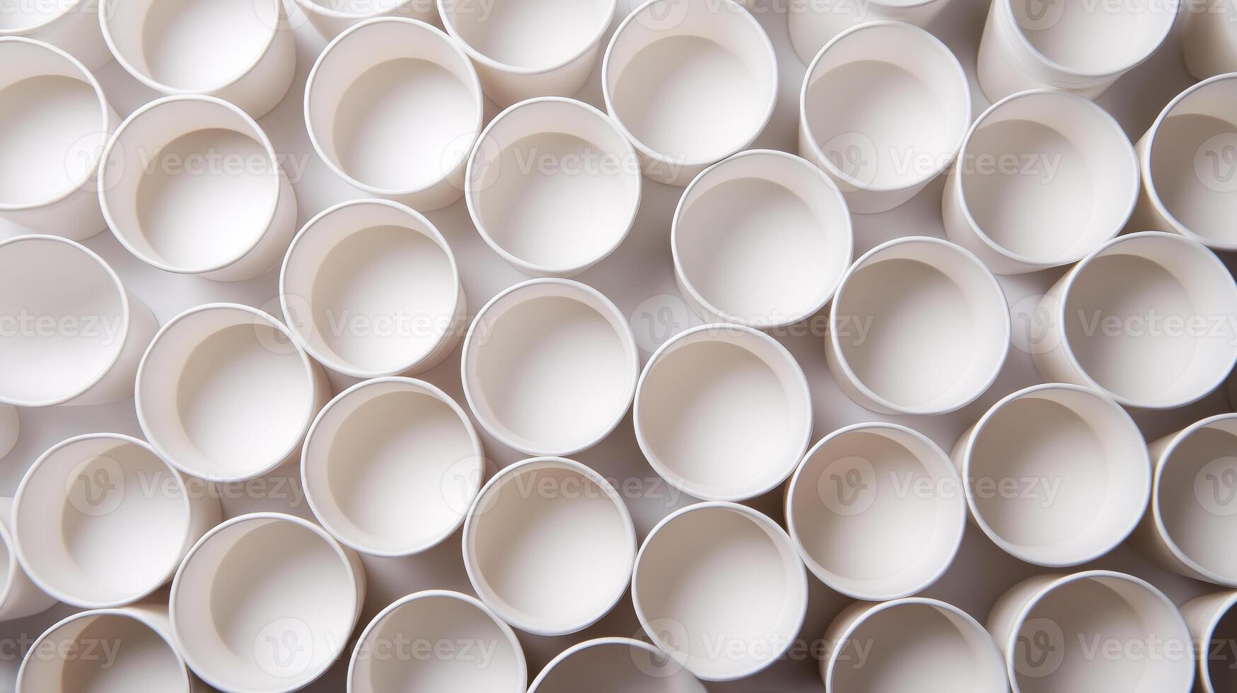 Rows of white minimalistic cups are arranged in a grid formation, representing both a disaster in waste and a potential for ecological innovation through simple design. photo