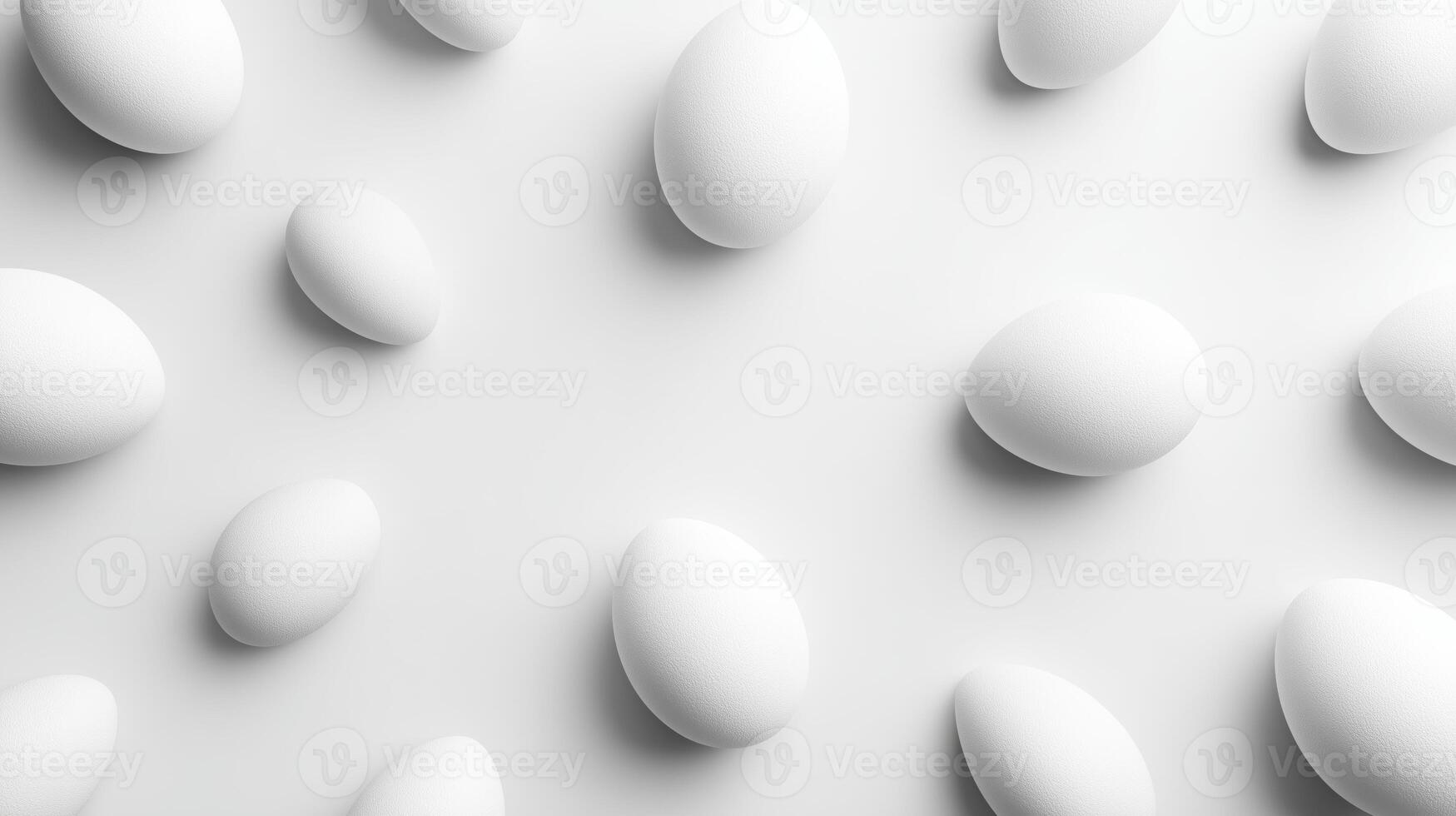 Various white eggs are scattered across a clean, minimalistic surface, symbolizing themes of ecology and disaster. The arrangement highlights simplicity and emphasizes the fragility of nature. photo