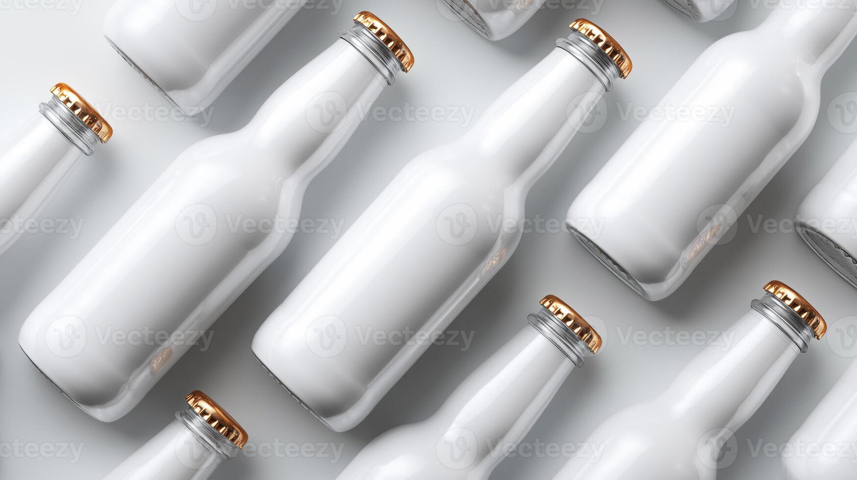 A collection of white bottles arranged neatly on a clean surface showcases a minimalist approach to design and packaging. photo