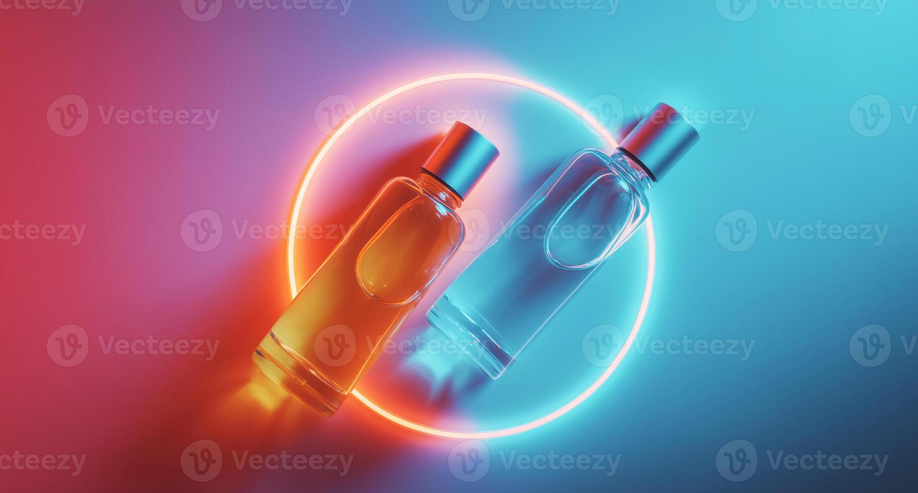 Two elegantly designed bottles sit against a backdrop of soft blue and bright red lighting. Each bottle contains a different serum, symbolizing youth and beauty in cosmetology. photo