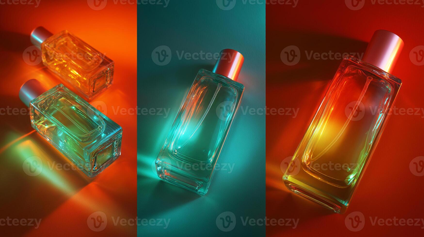 Glowing jars and bottles of serum are arranged against a vibrant backdrop, showcasing their colorful hues. photo