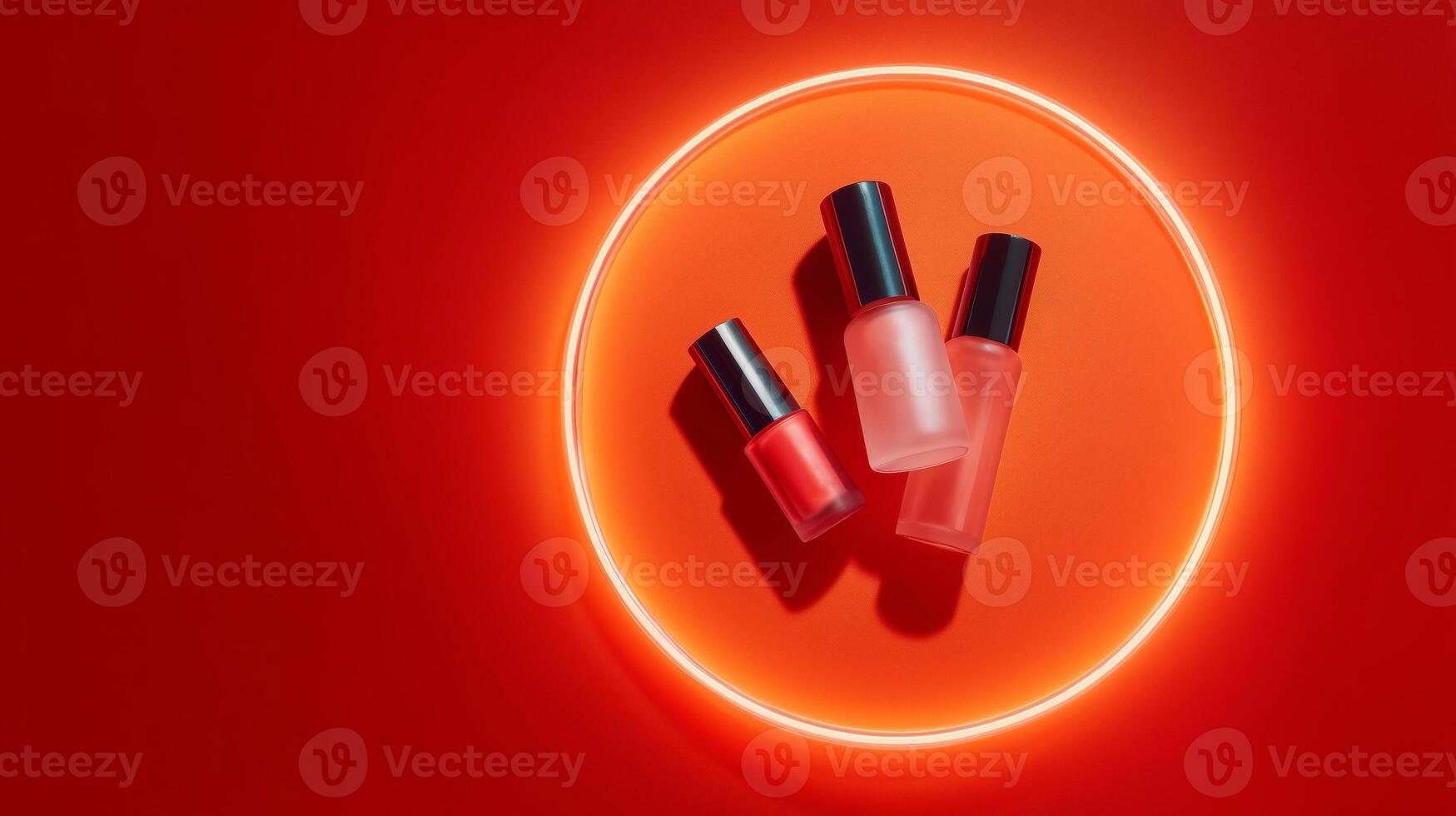Three serum bottles in varying sizes rest on a bright red surface. photo
