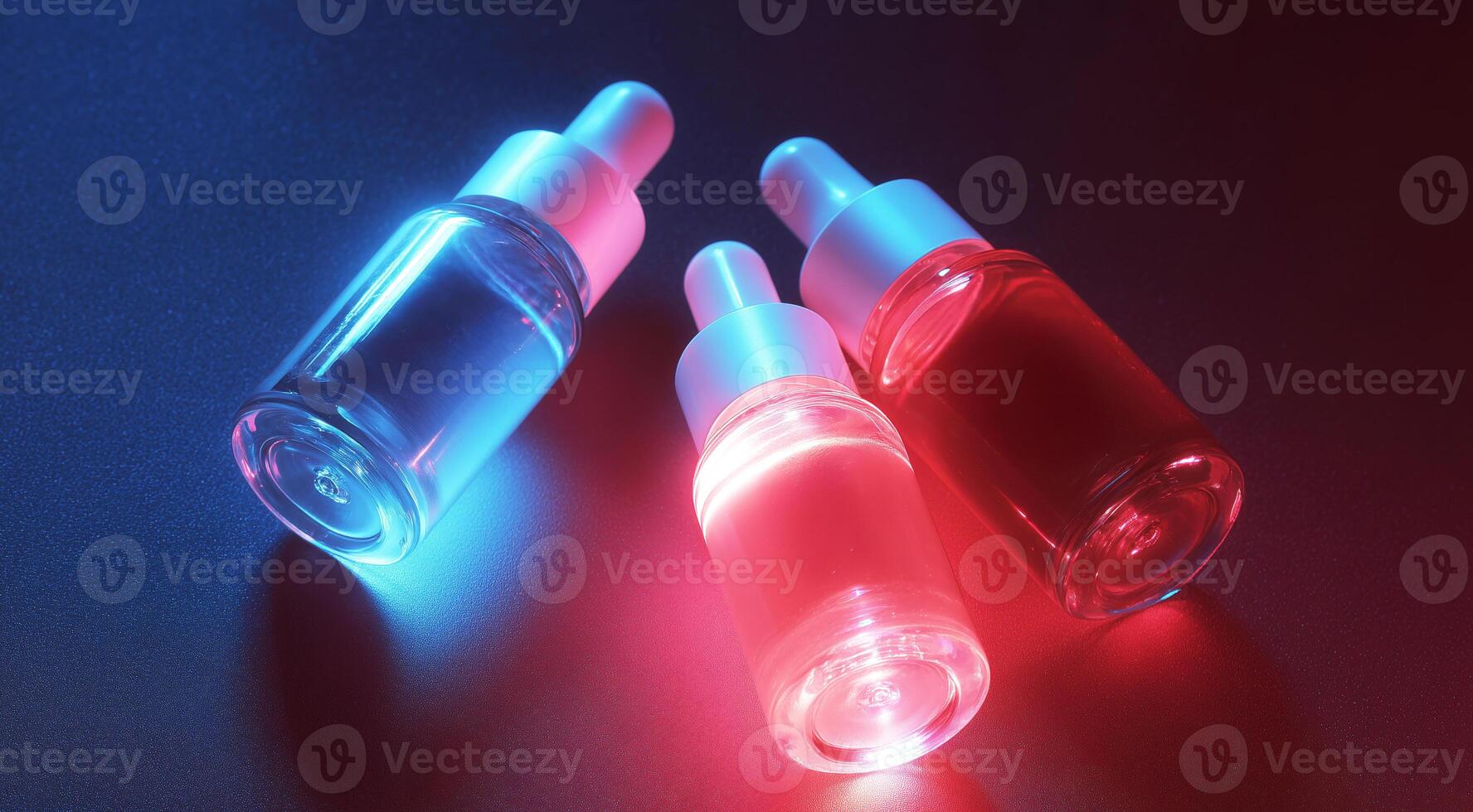 Three cosmetic serums in clear jars are displayed against a dark background. photo