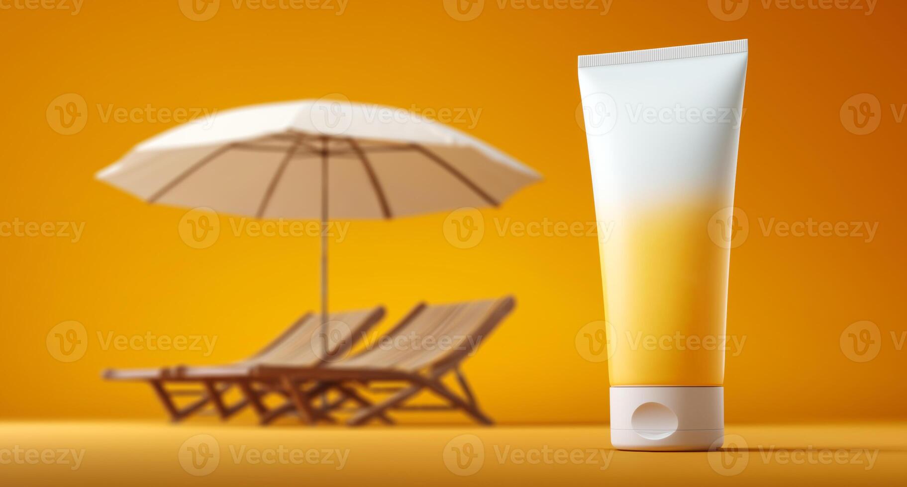 Sun protection product is showcased alongside an umbrella and lounge chairs. The vibrant orange backdrop highlights the importance of safeguarding skin during enjoyable outdoor activities. photo