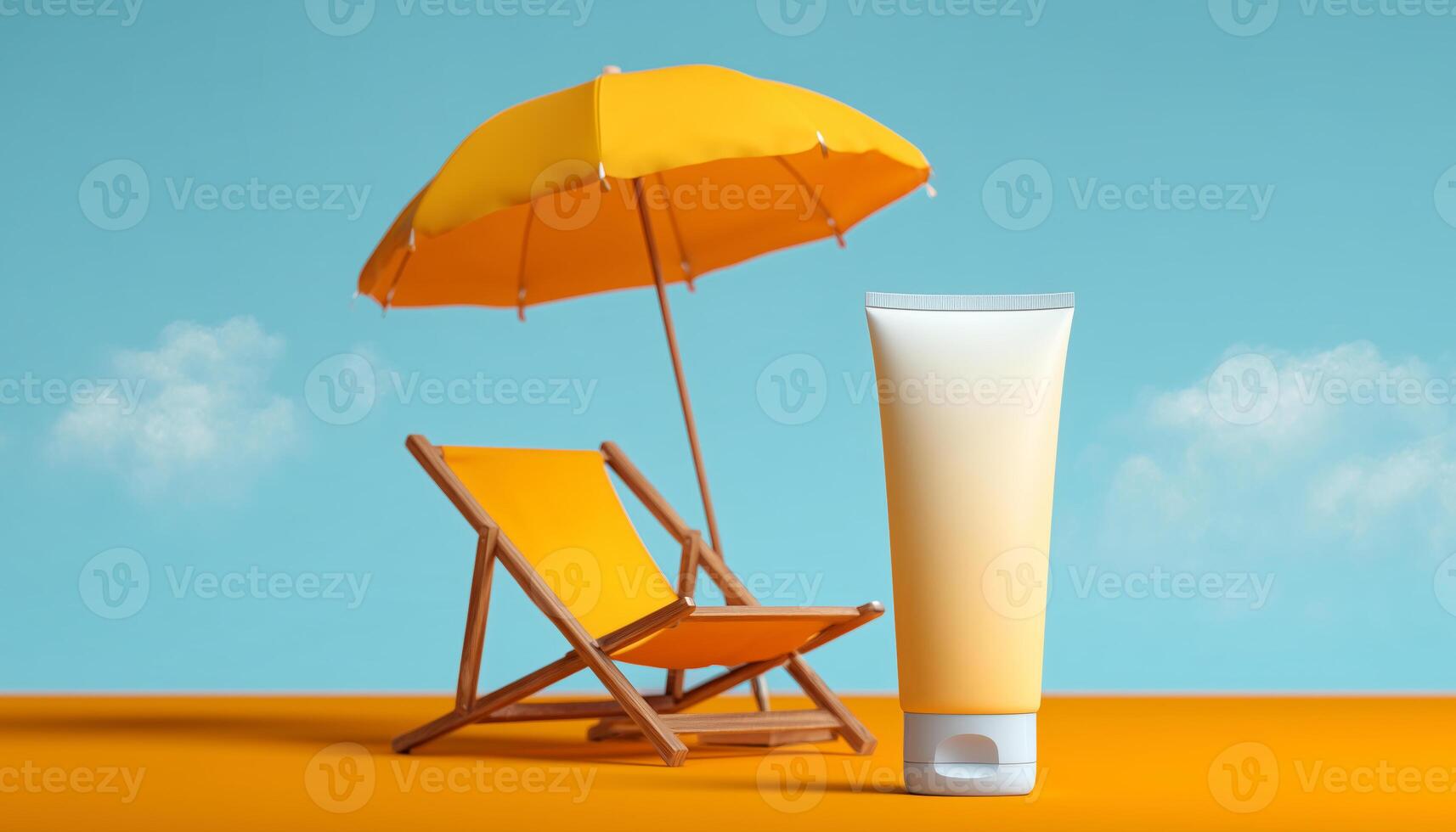 A tube of sun protection sits on an orange surface, next to a matching lounge chair and a bright yellow umbrella. The setting is vibrant and evokes a sense of warm outdoor leisure. photo