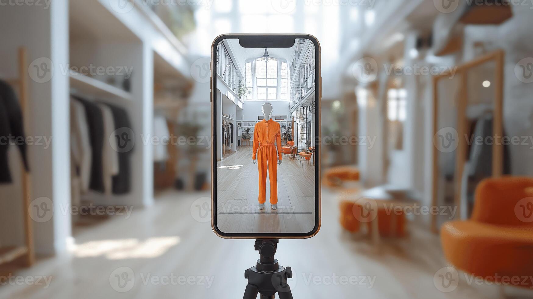 A smartphone captures a mannequin wearing an orange outfit in a spacious boutique setting. photo