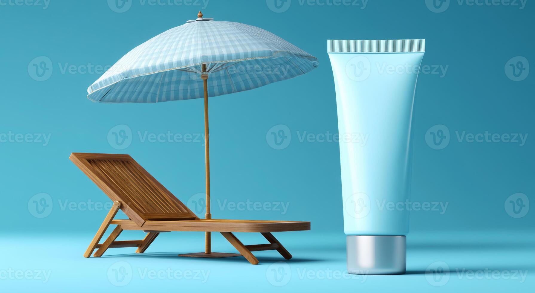 A blue tube of sun protection lotion stands next to a wooden lounge chair under a light blue beach umbrella, representing advancements in skincare for outdoor activities in warm weather. photo