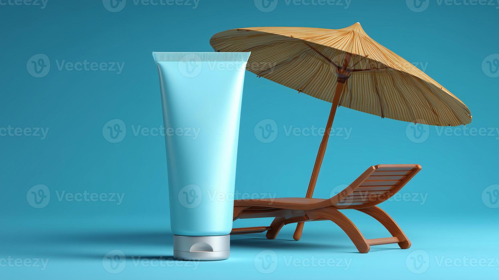A tube of sunscreen sits beside a beach lounge chair and a sun hat. The bright blue background highlights the importance of protection from the sun during summer outings. photo