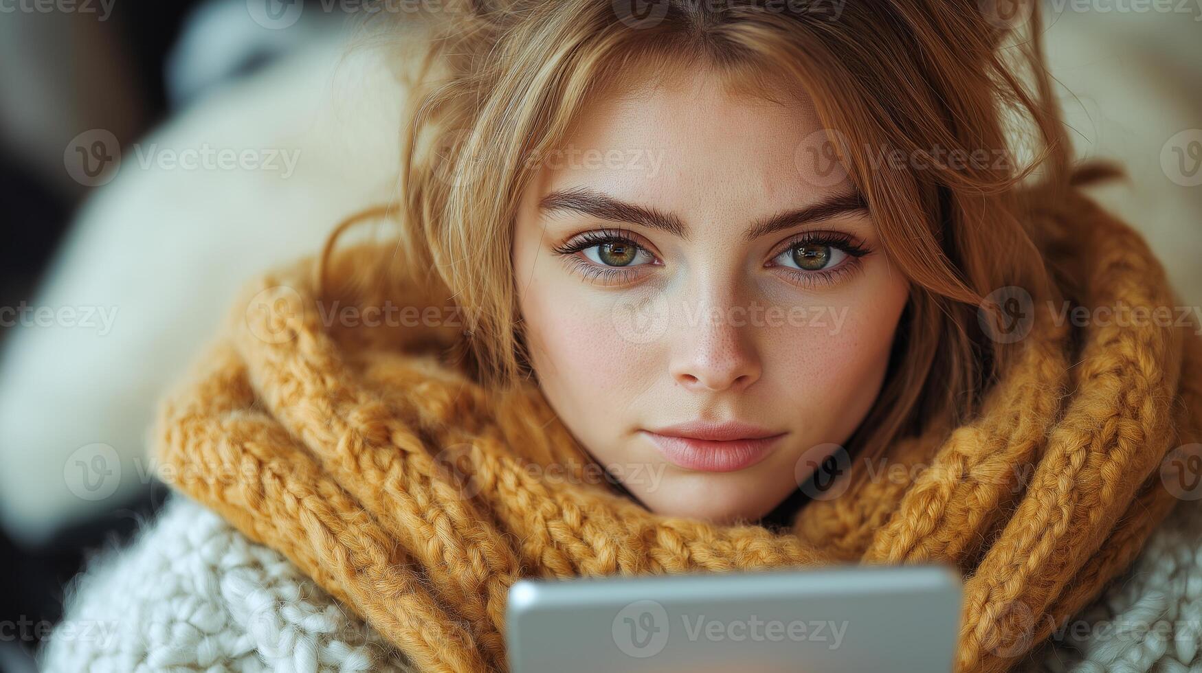 Woman sits comfortably indoors, focused on her smartphone, dressed warmly for the winter. photo