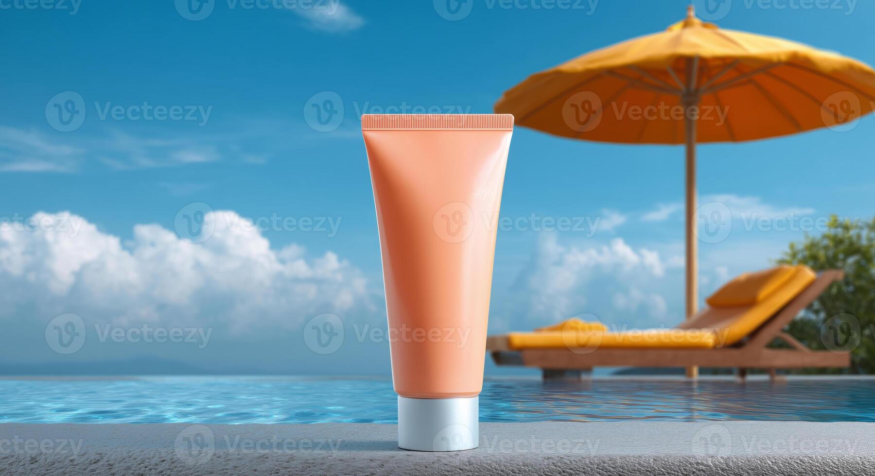 A tube of innovative sun protection product sits on the edge of a pool, reflecting the vibrant sun. A bright umbrella and lounge chair complete the serene atmosphere, perfect for summer enjoyment. photo