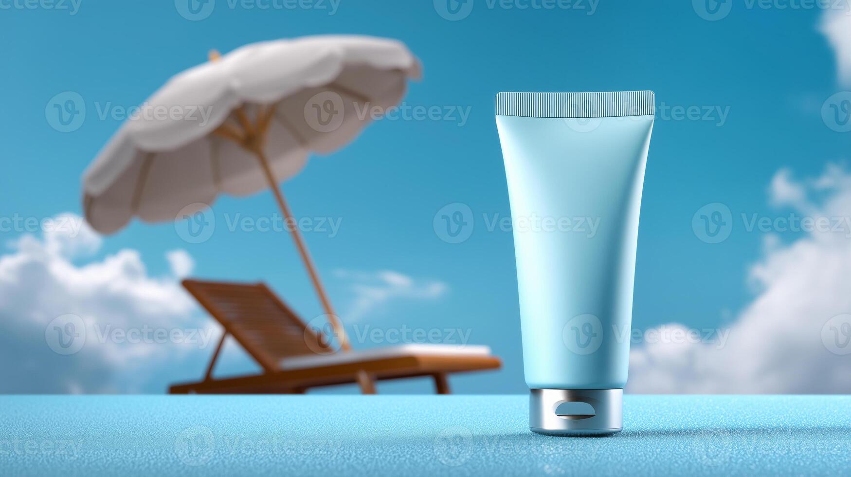 A tube of sun protection stands prominently in a bright outdoor area. Behind it, a sunshade umbrella and lounge chair indicate a relaxing atmosphere on a sunny day. photo