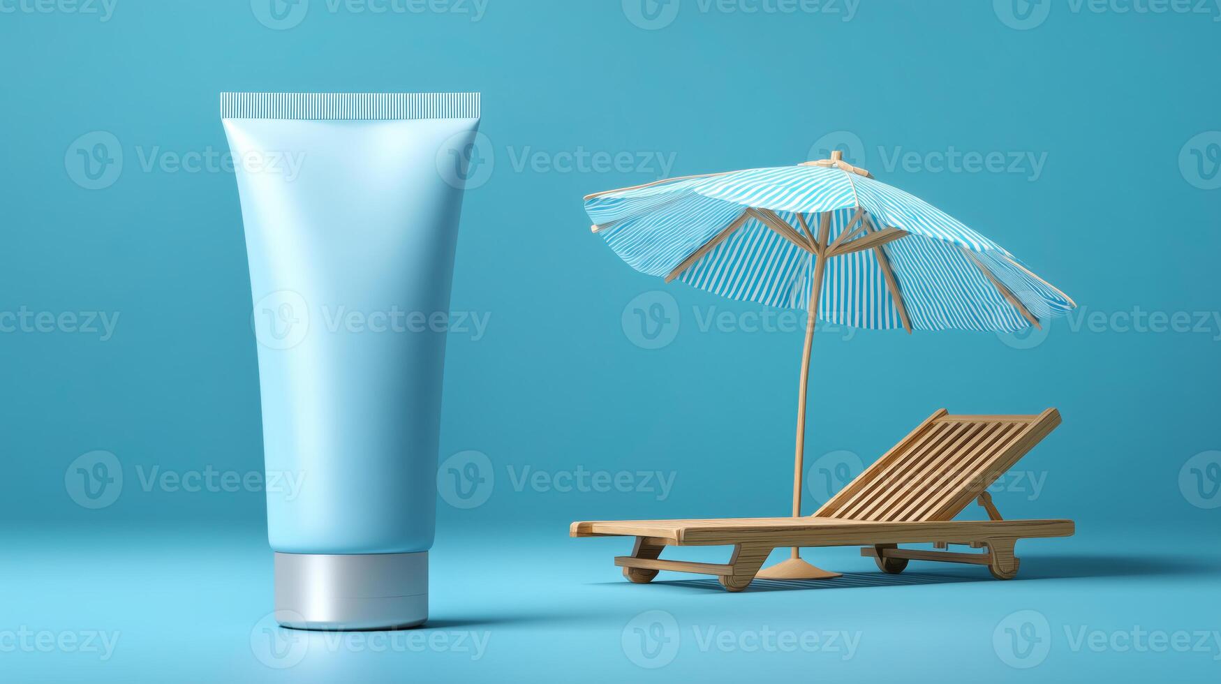 A tube of sun protection lotion stands next to a wooden lounge chair and a blue parasol against a vibrant turquoise background. photo