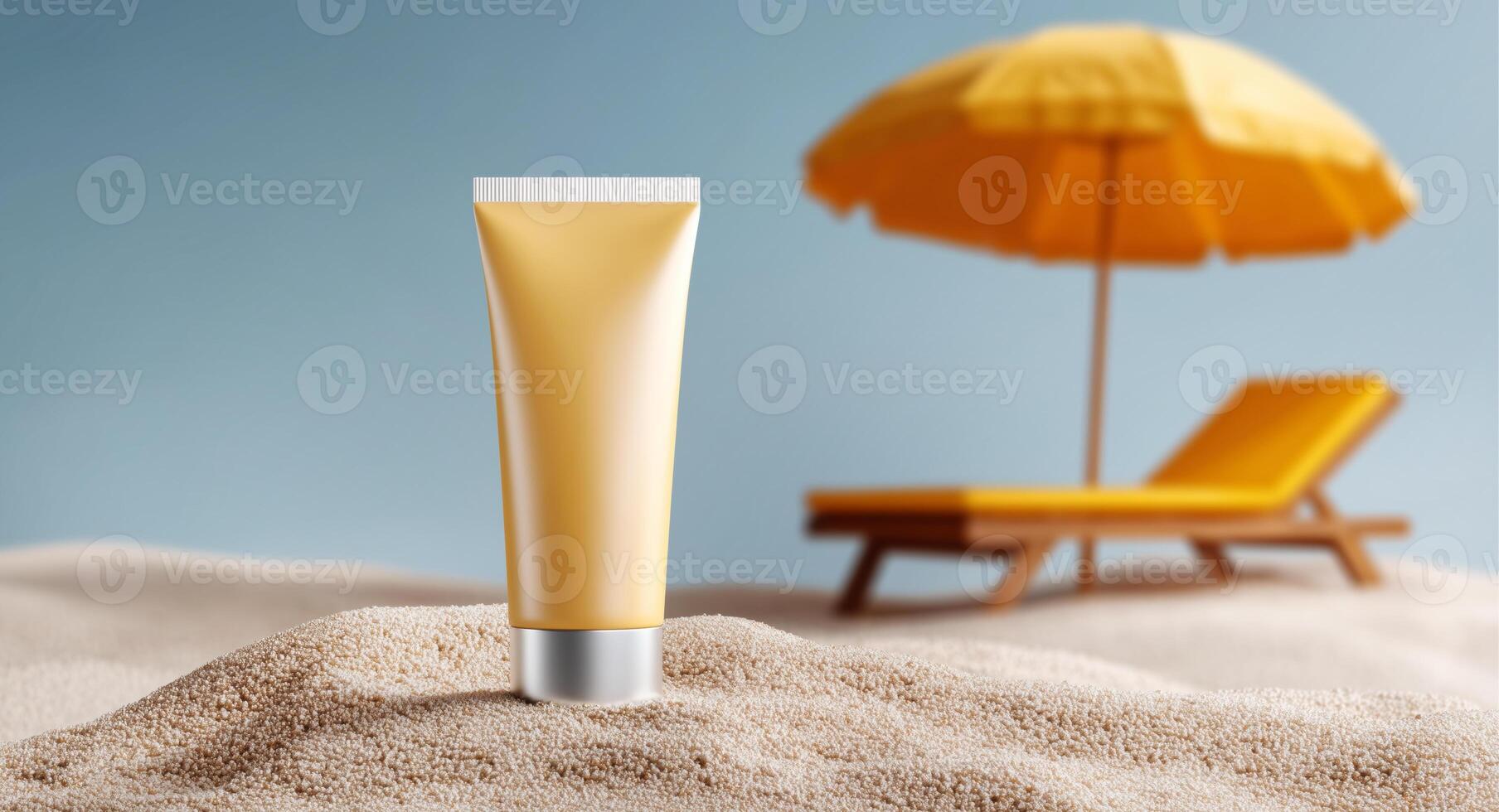 A yellow tube of sun protection stands in soft sand, highlighting the importance of skin care during outdoor activities. Behind it, a bright yellow beach chair and umbrella set the vacation vibe. photo