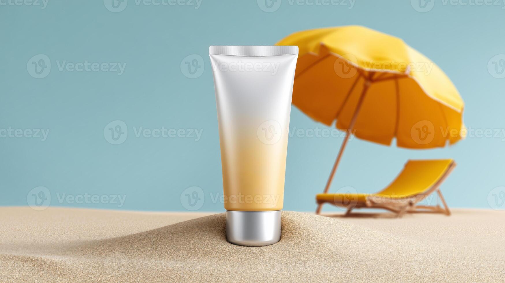 A tube designed for sun protection stands prominently on a sandy beach, showcasing its sleek design against the backdrop of bright blue skies and a vibrant yellow umbrella. photo