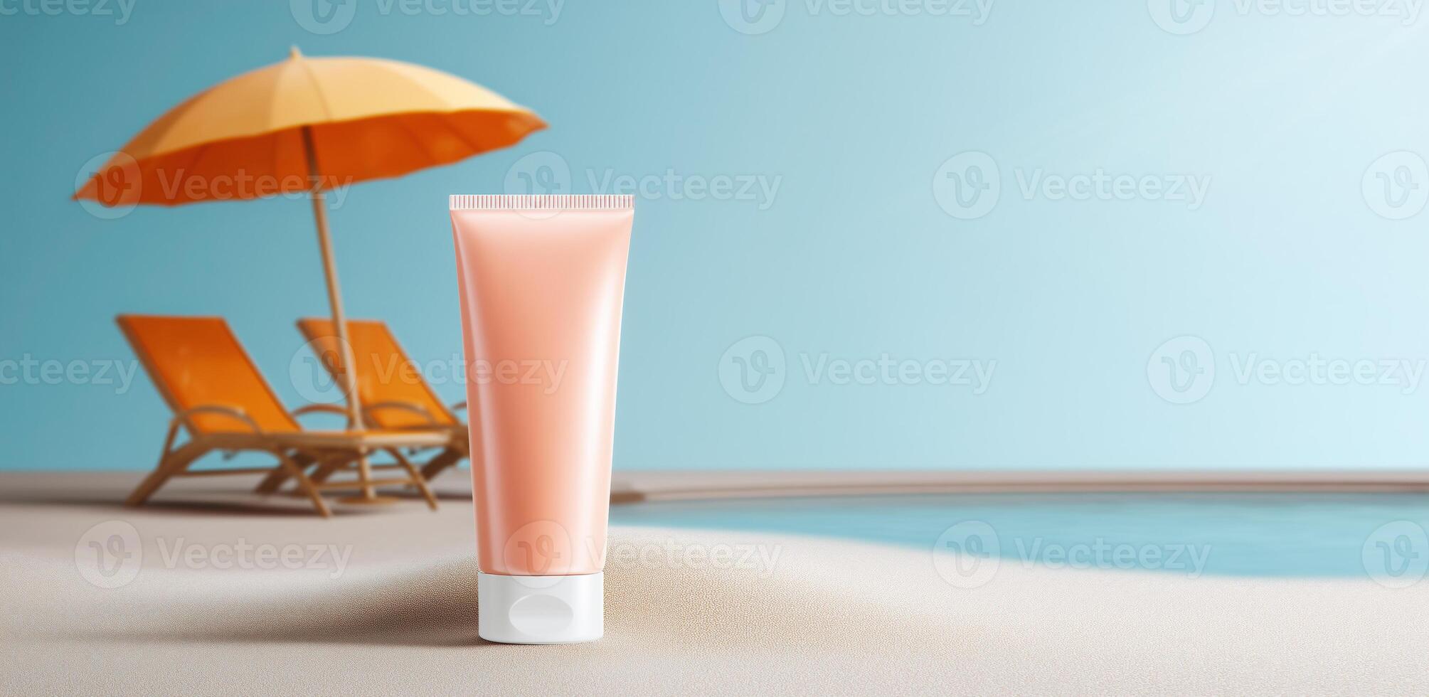 A tube of sunscreen stands prominently on soft sand, reflecting a commitment to sun safety. photo
