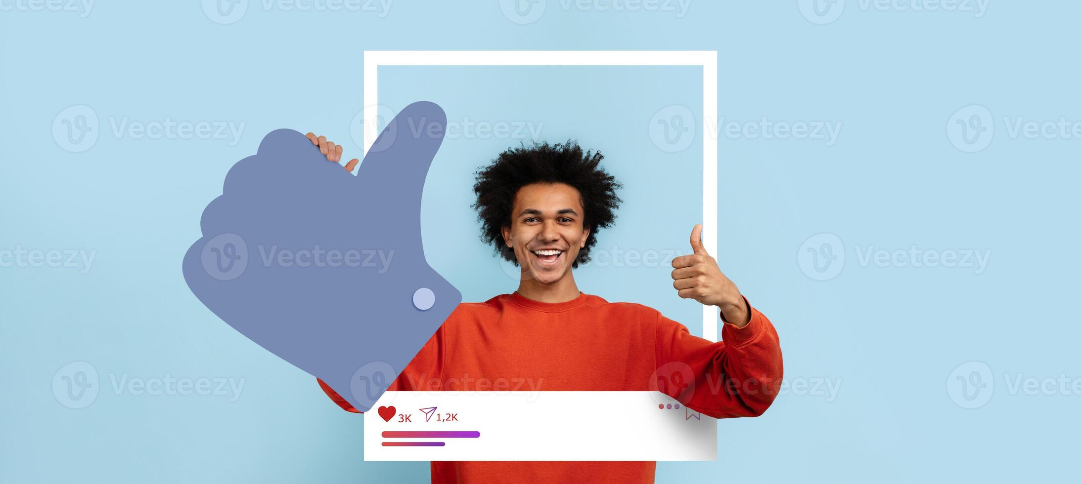 An individual expresses excitement by giving a thumbs up within a playful social media-inspired frame. The background is a soft blue, adding to the upbeat atmosphere. photo