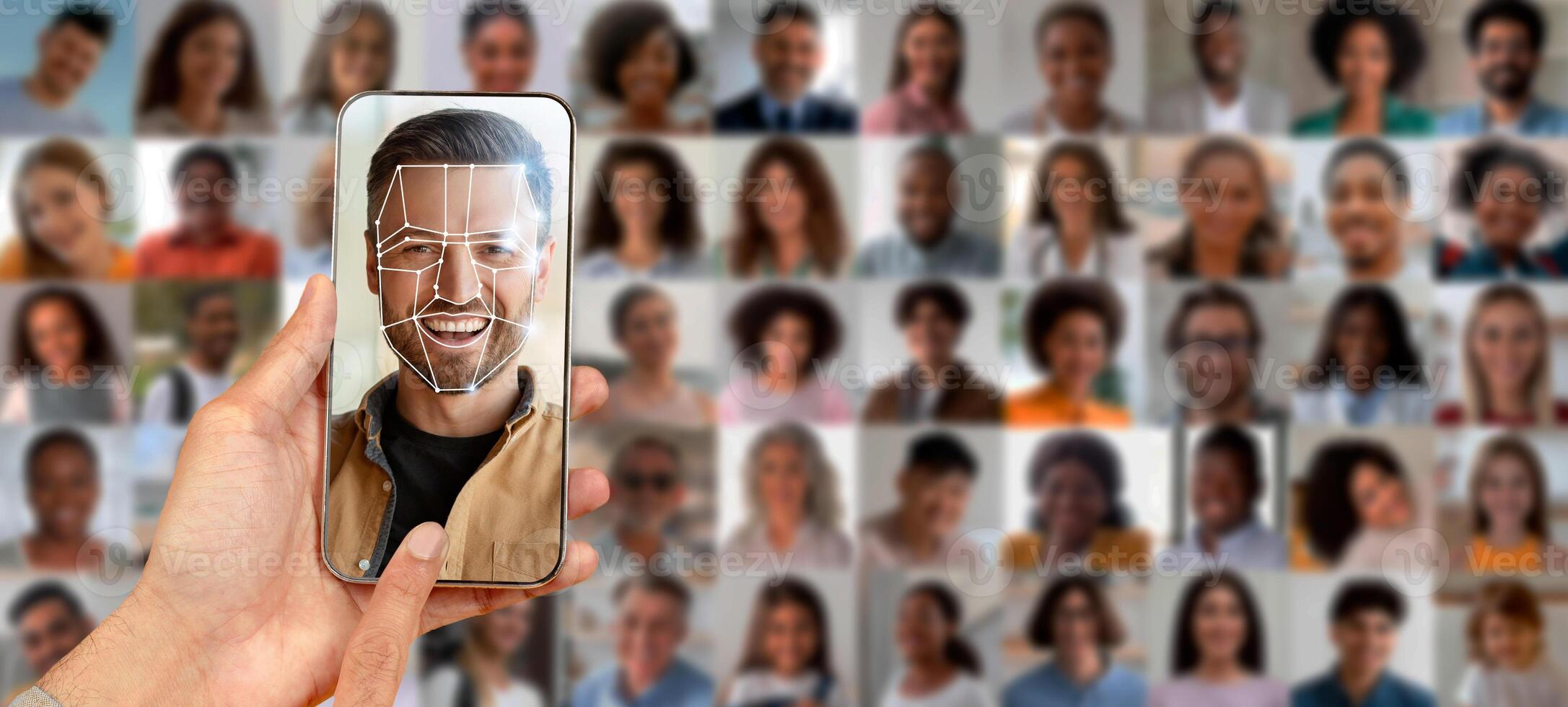 A smartphone held in a hand displays a facial recognition scan of a man, surrounded by a collage of various individual portraits, highlighting modern identification technology. photo