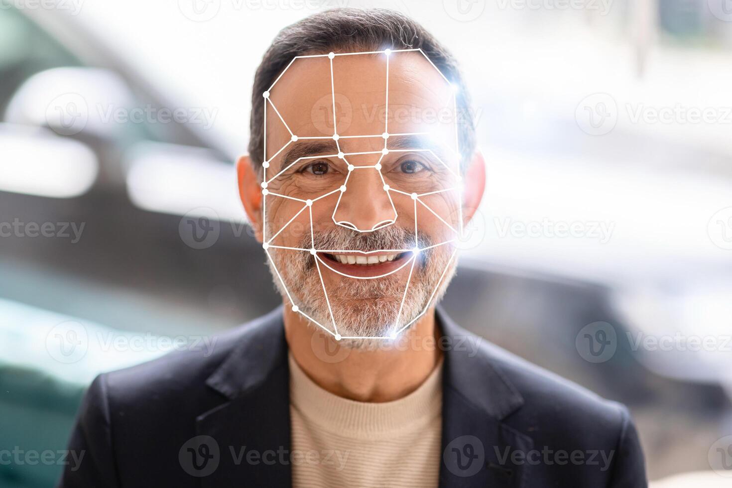 A man undergoes facial recognition checks using advanced technology as part of a secure identification process. This reflects new norms in personal security and identification methods. photo