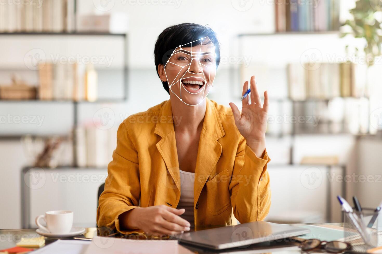 A woman wearing a yellow blazer engages in a virtual conversation, smiling while holding a pen. Facial recognition technology is capturing her features in an office setting. photo