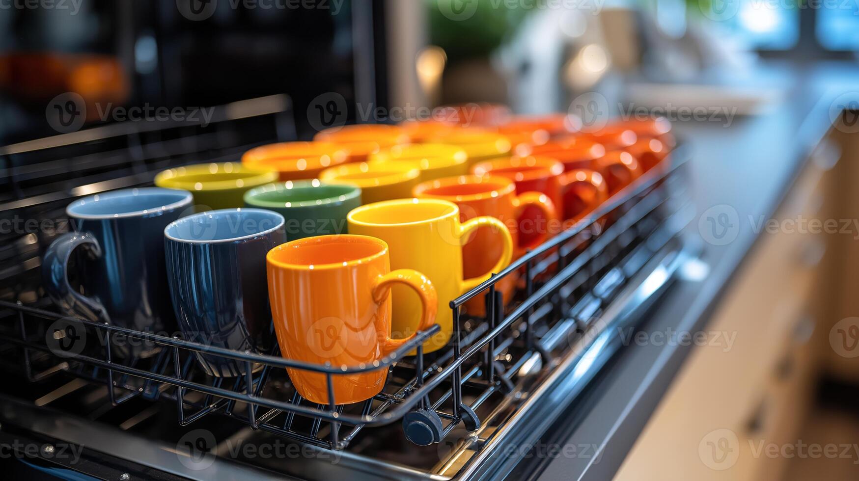 Brightly colored coffee mugs are neatly arranged on a dish rack, drying in a contemporary kitchen. photo
