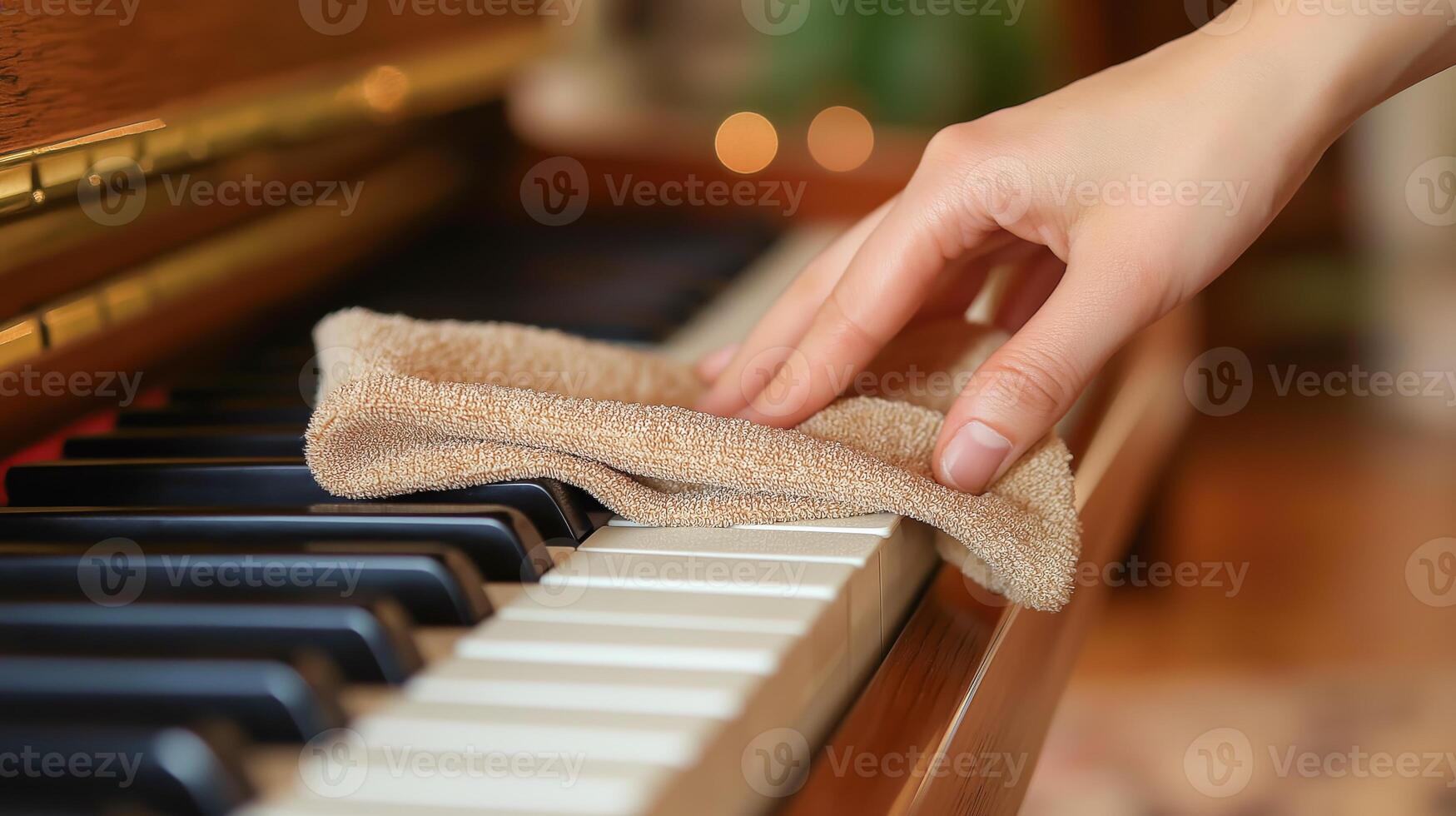 A hand gently wipes the piano keys, keeping them clean for better sound. photo