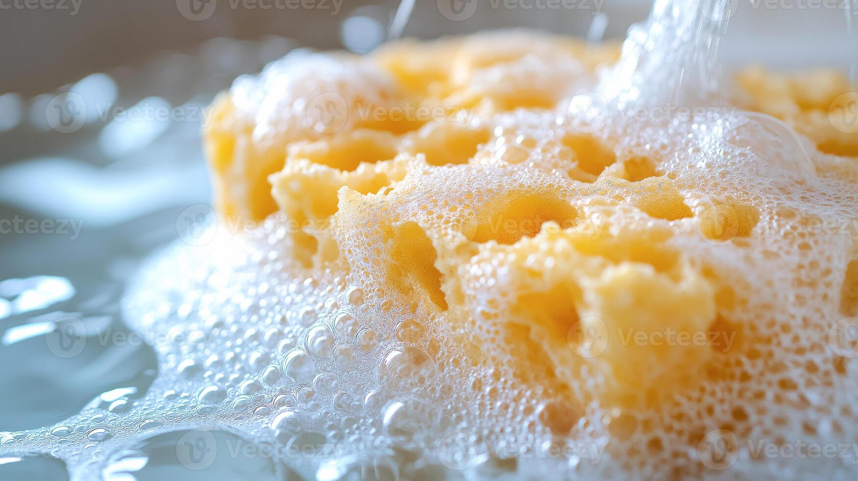 Water flows over a porous yellow sponge covered in bubbles in a clean kitchen environment. photo