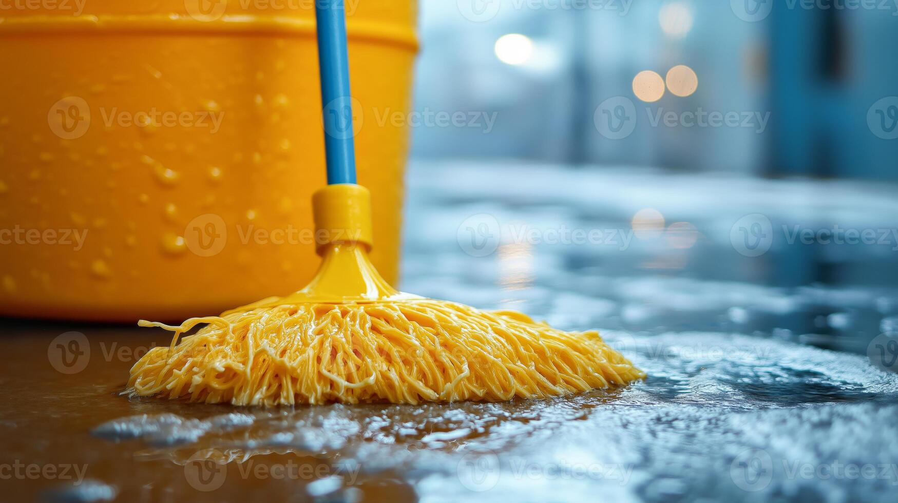 A yellow mop is cleaning a wet floor next to a bucket, highlighting a cleaning task in progress. photo