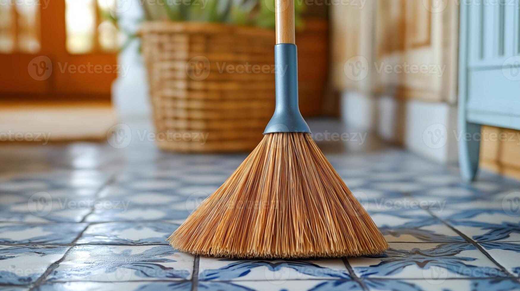 A broom stands on a patterned floor under warm light, inviting cleanliness. photo
