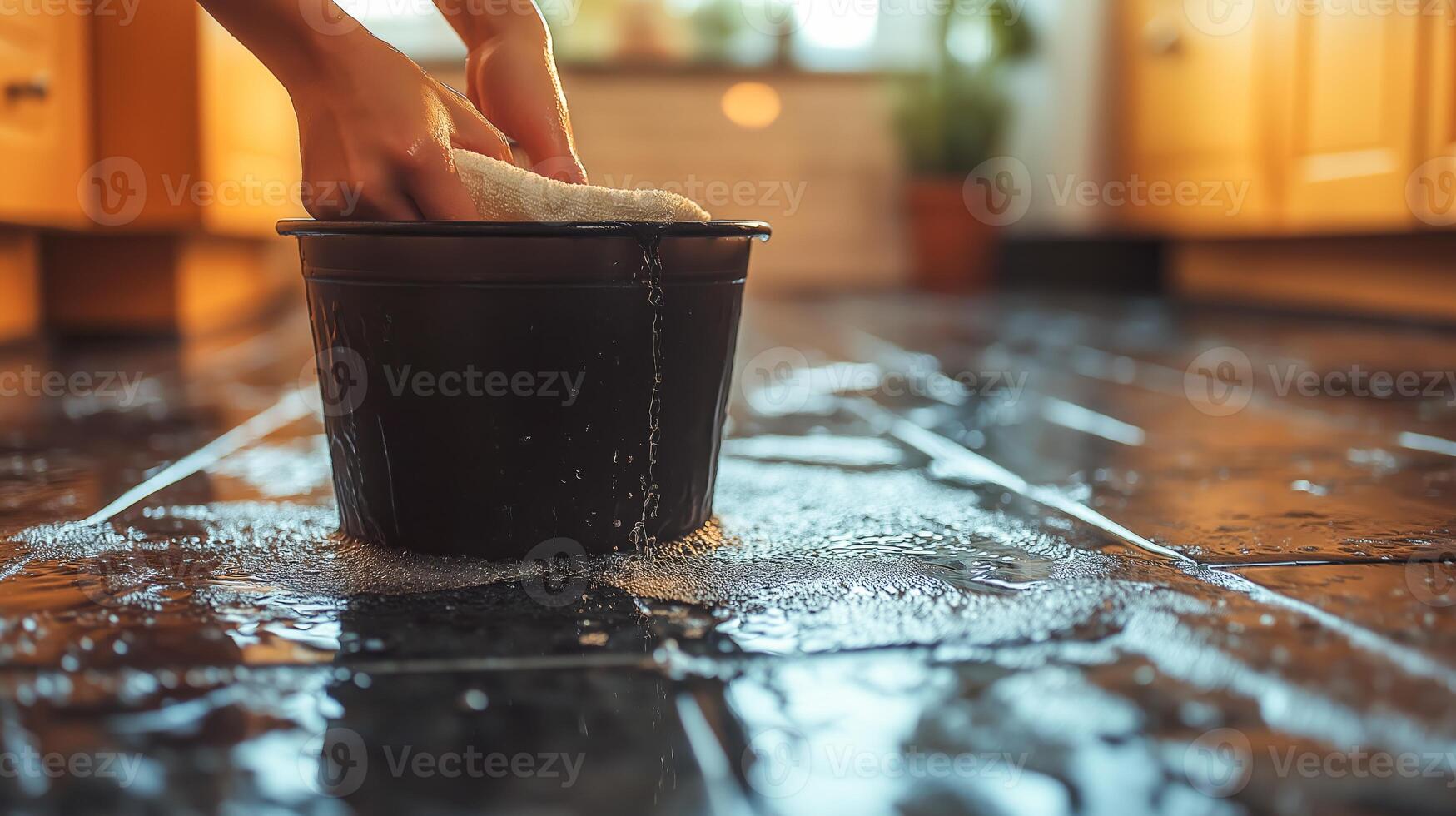A person cleans a tiled floor with soap and water in a well-lit kitchen. photo