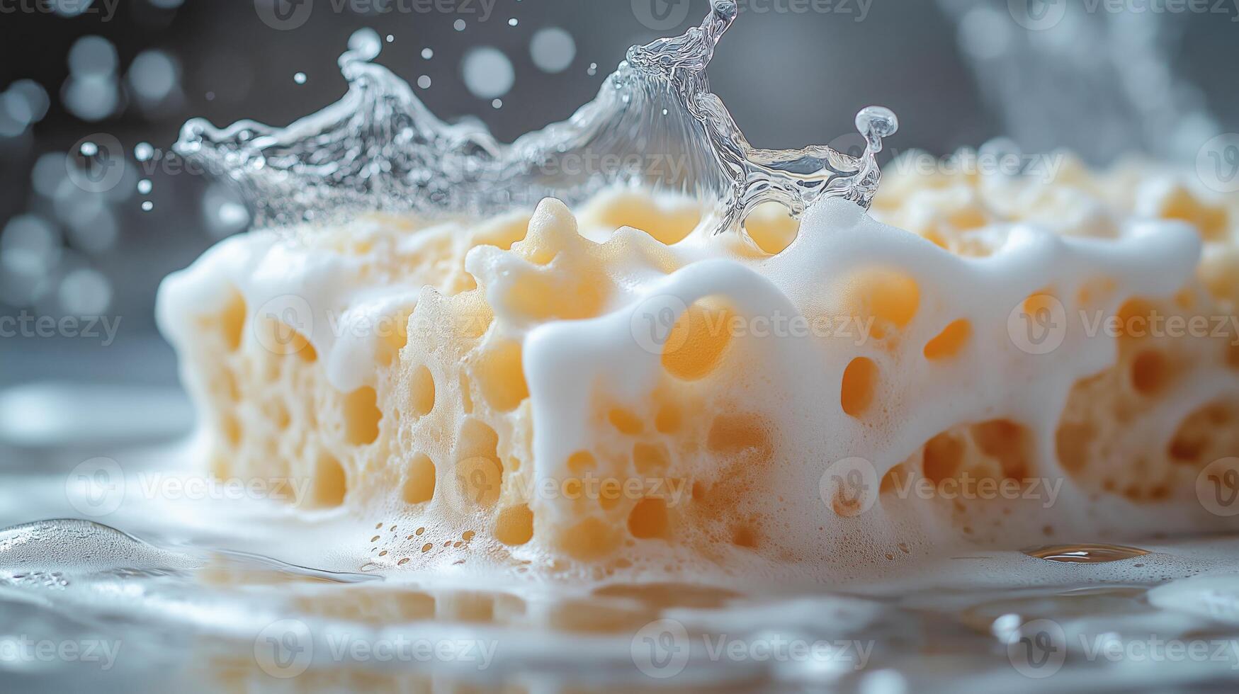 A yellow sponge is splashing in water, highlighting a vibrant cleaning scene. photo